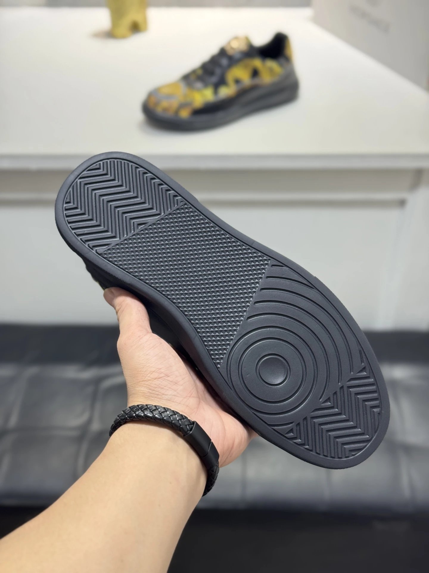 Baroque Leather Sneakers Casual Low Top Black Gold - Gallery Image 7 - Detailed View