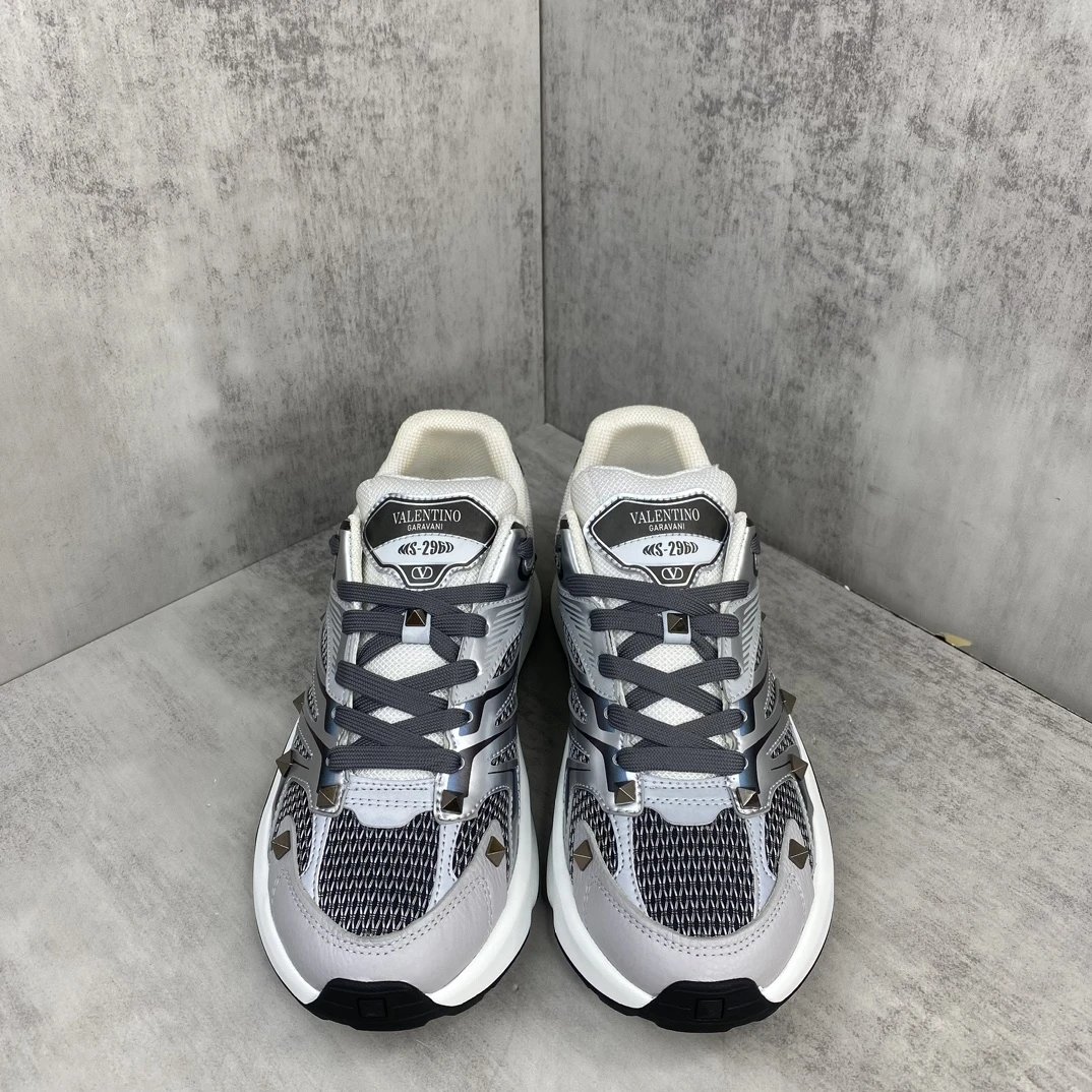 Chunky Leather Mesh Sneakers Metallic Silver - Gallery Image 4 - Detailed View