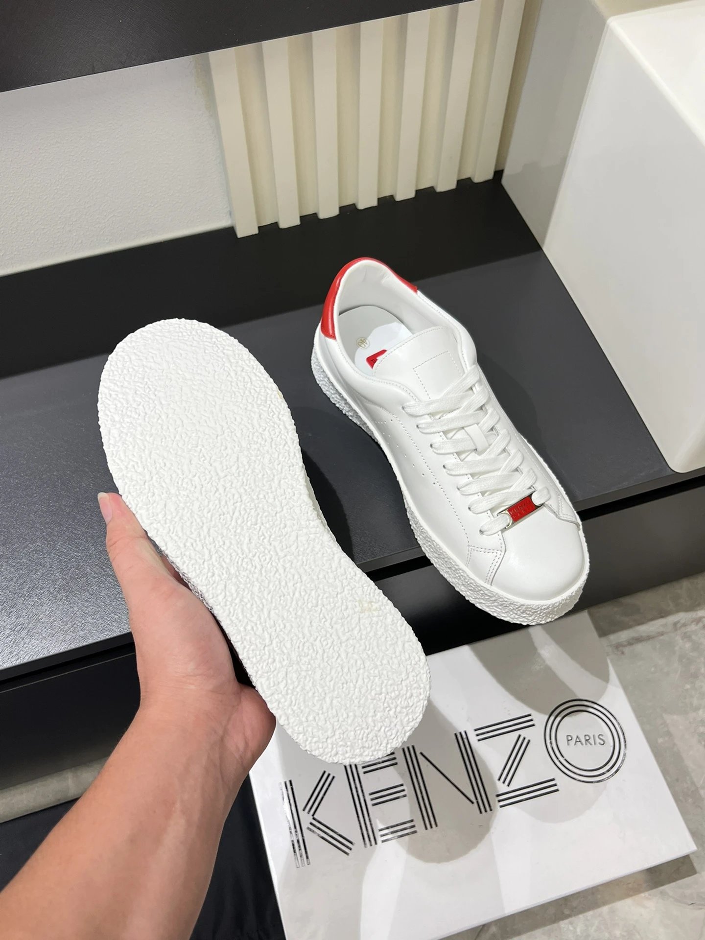Kenzo White Leather Sneakers Red Accent - Gallery Image 7 - Detailed View