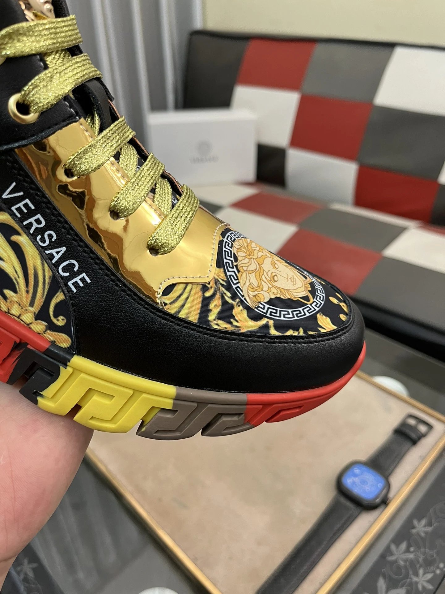 Luxury Leather Medusa Sneakers High Top Black Gold - Gallery Image 6 - Detailed View