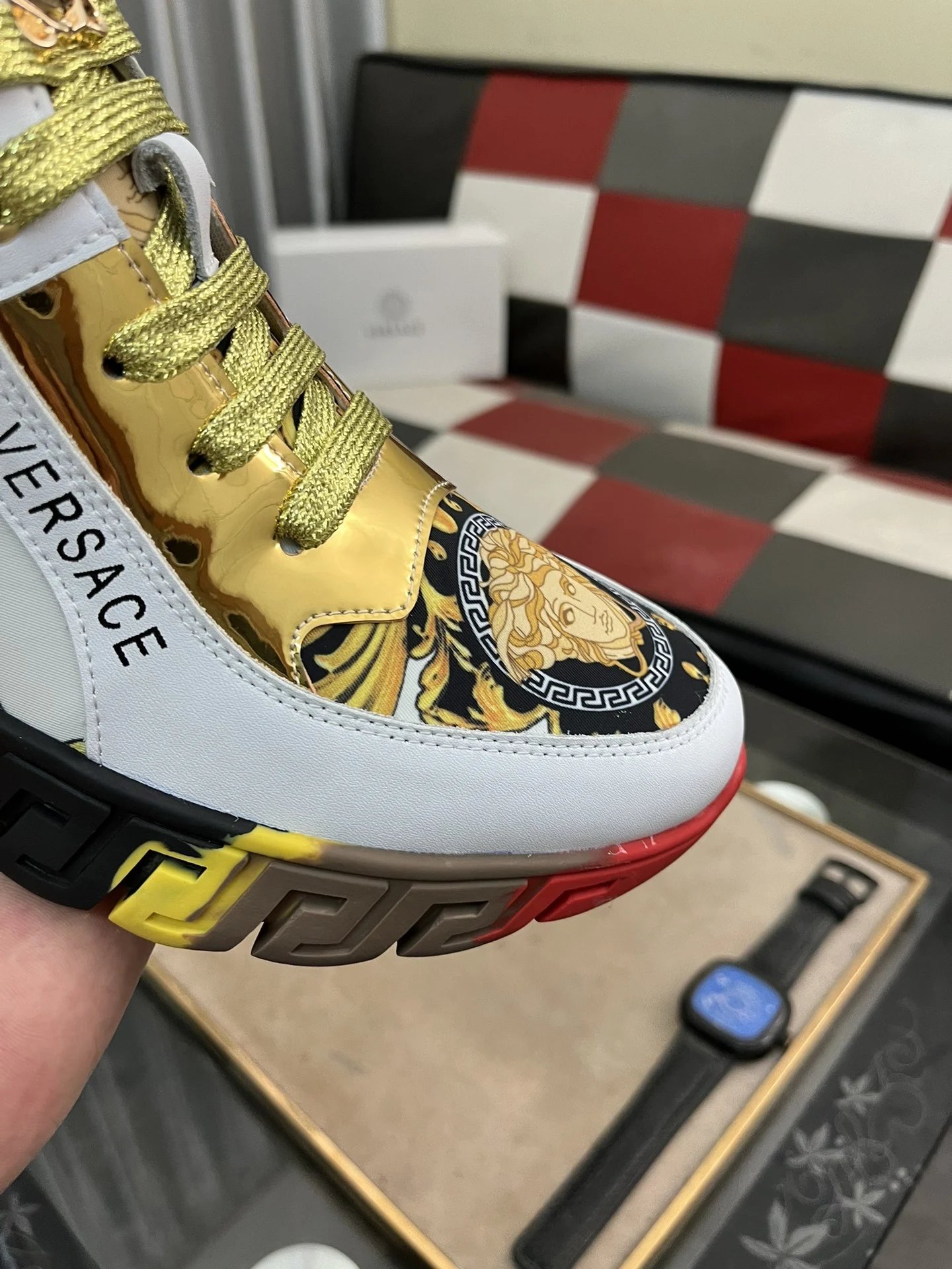 Luxury Leather High Top Sneakers Baroque Gold - Gallery Image 6 - Detailed View