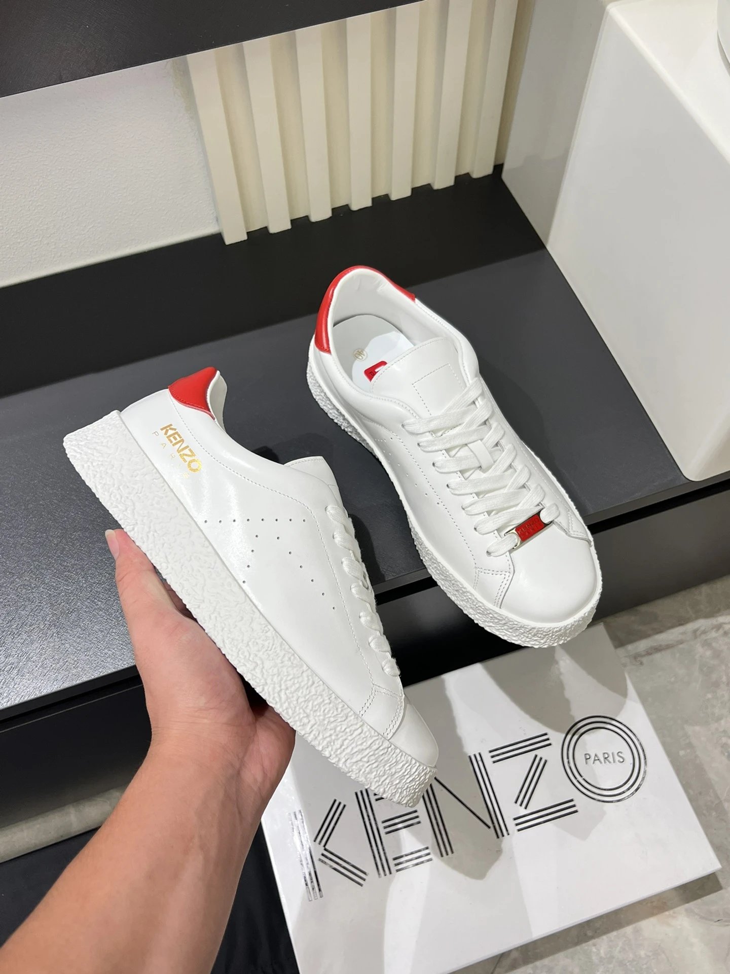Kenzo White Leather Sneakers Red Accent - Gallery Image 6 - Detailed View