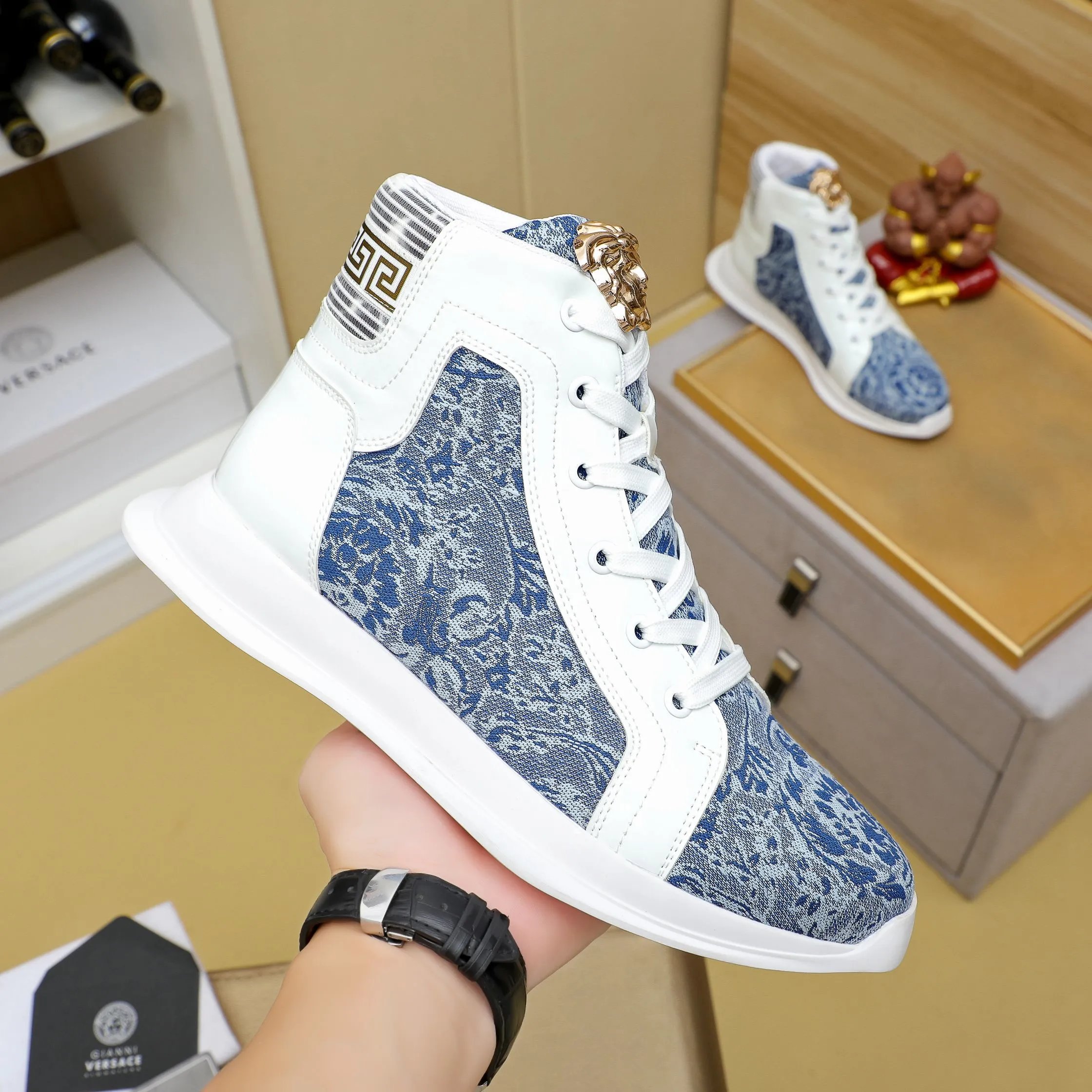 Baroque Leather High Top Sneakers Ivory Blue - Gallery Image 3 - Detailed View