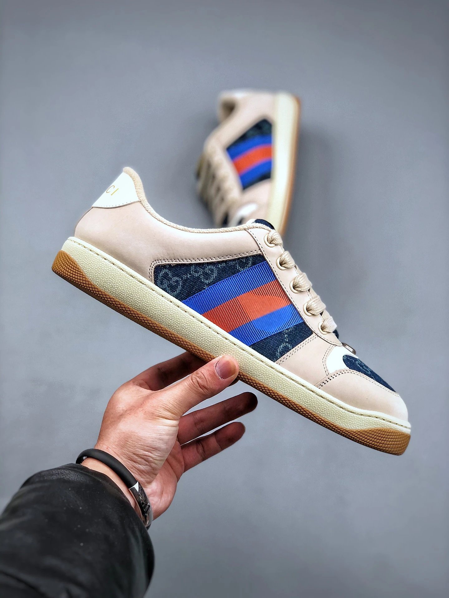 Gucci Distressed Screener Beige Sneaker Blue Red - Gallery Image 4 - Detailed View