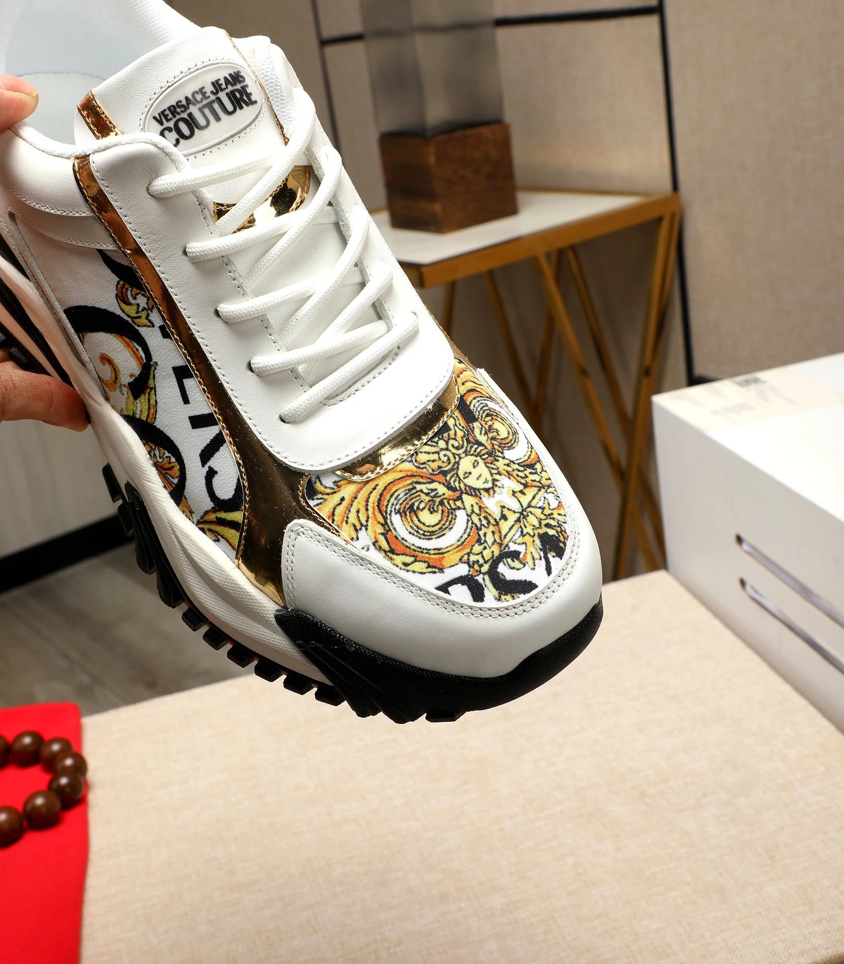 Luxury Baroque Leather Chunky Sneakers White Gold - Gallery Image 8 - Detailed View