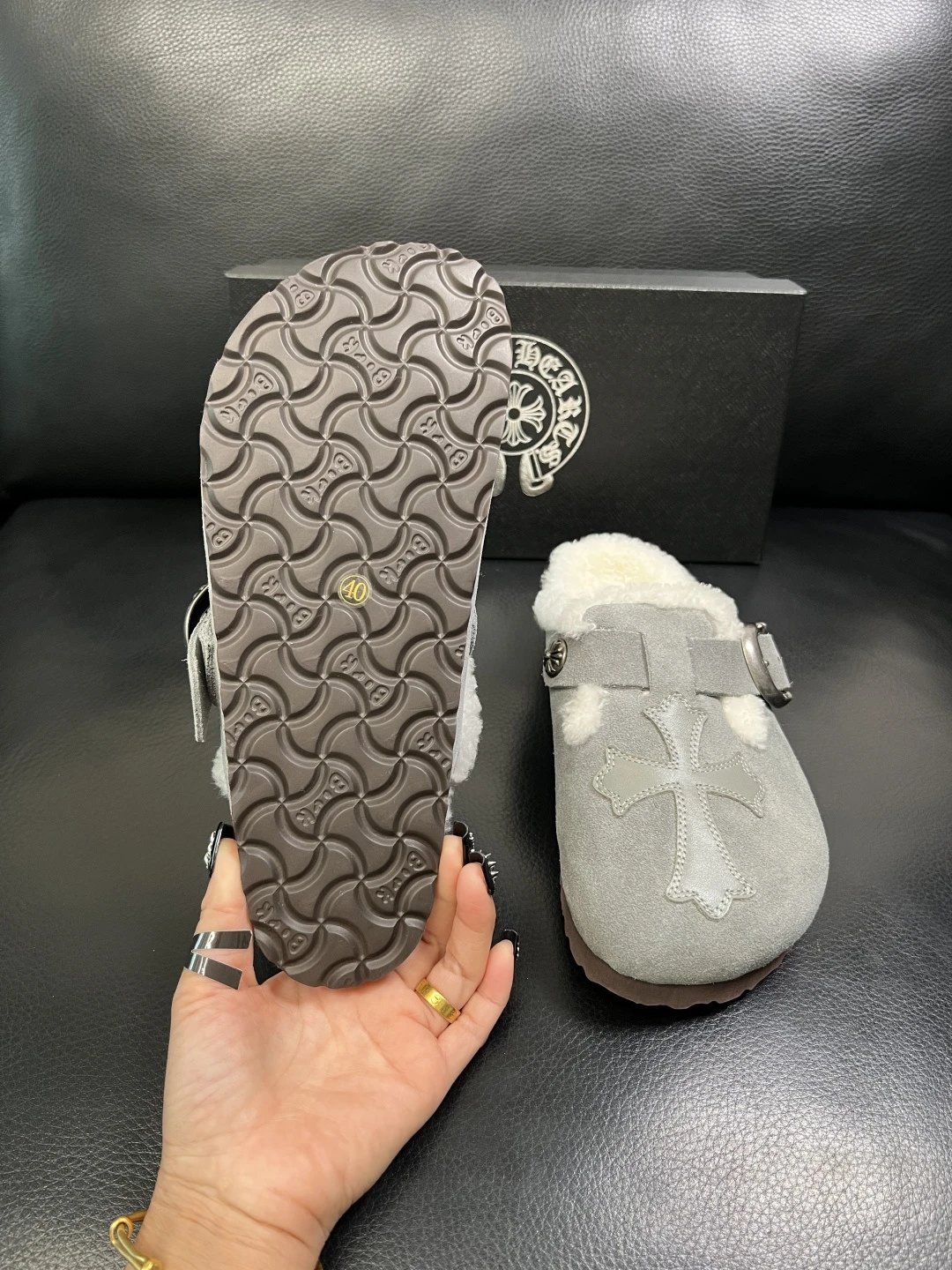 Luxury Shearling Leather Clog in Ash Grey - Gallery Image 9 - Detailed View