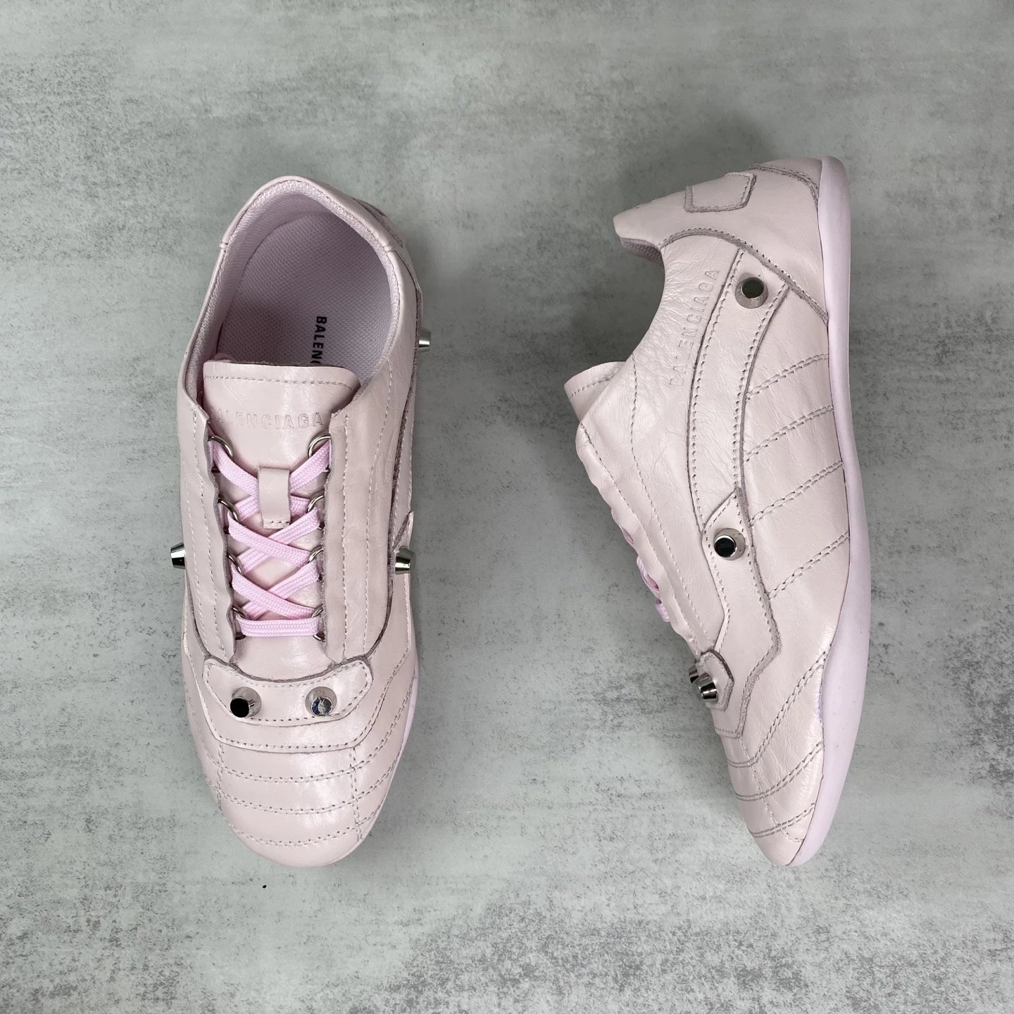 Punk Leather Lace Up Flat Shoes with Metal Studs Blush Pink - Gallery Image 3 - Detailed View