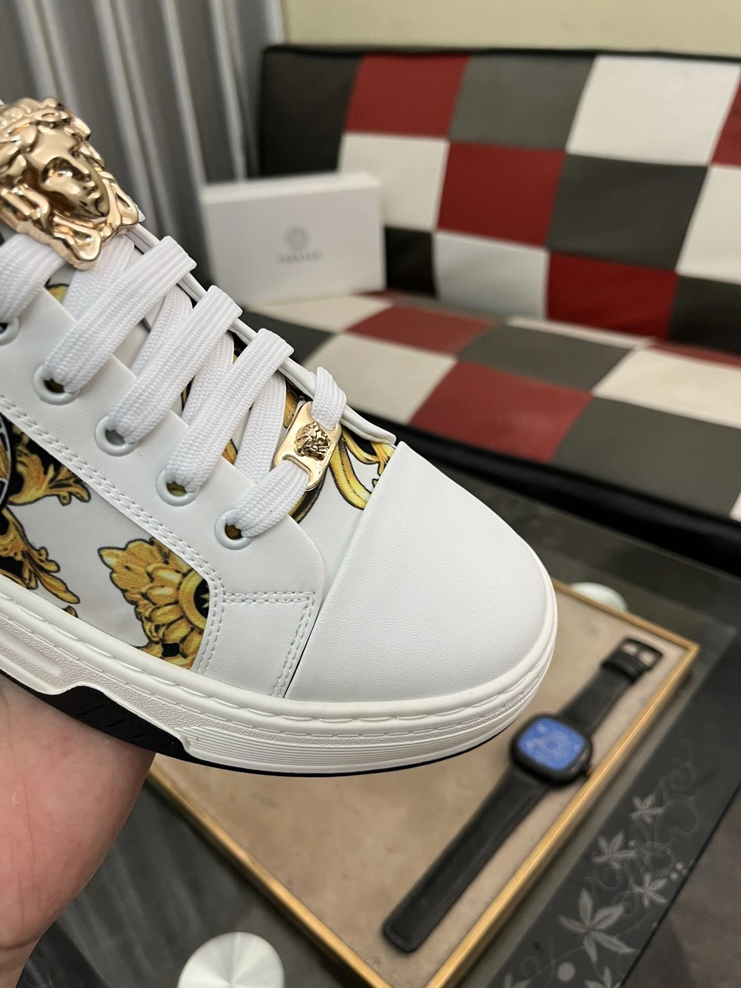 Luxury Leather Low Top Sneakers Baroque White Gold - Gallery Image 6 - Detailed View