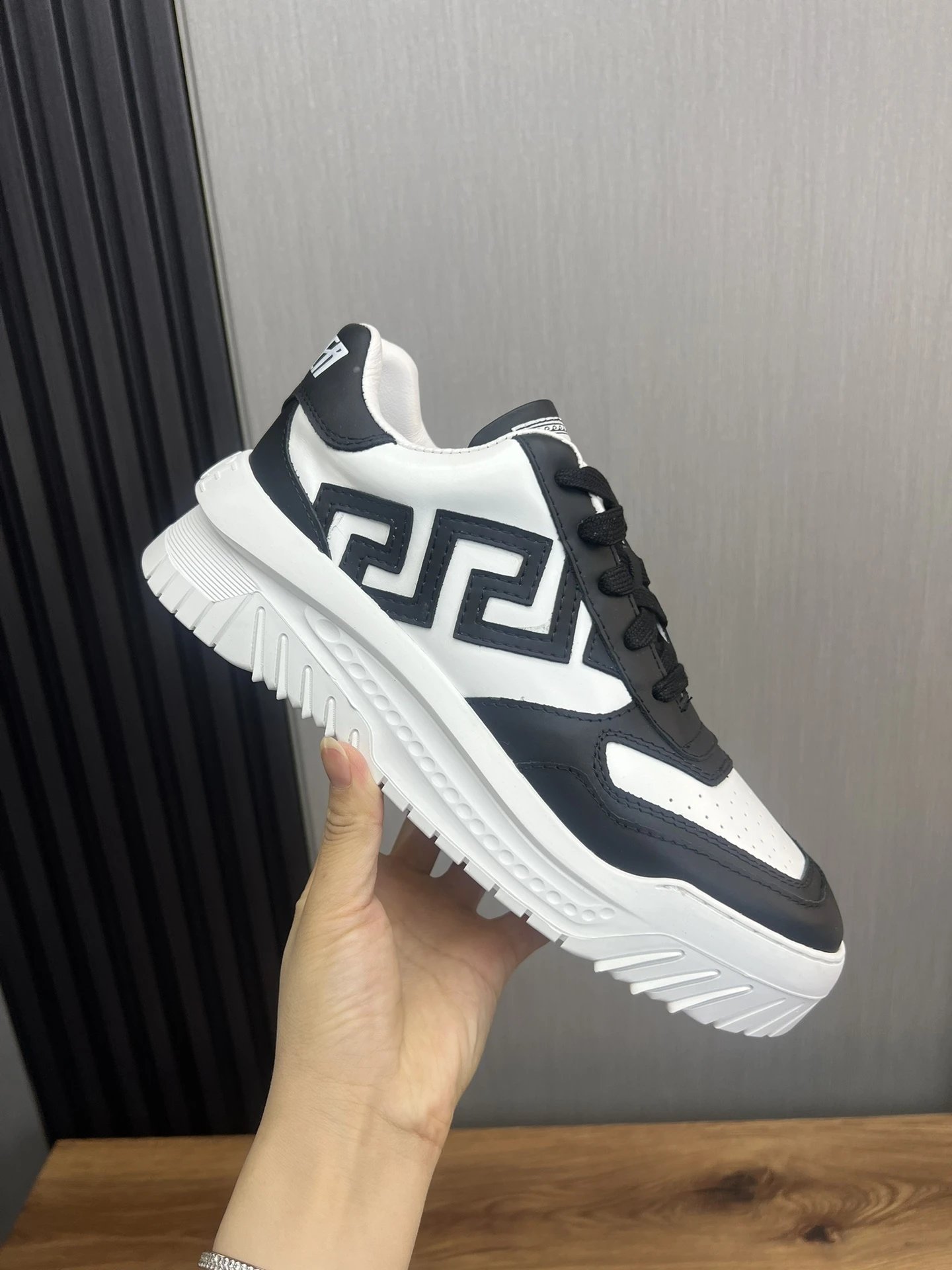 Geometric Leather Sneakers Midnight Black - Gallery Image 7 - Detailed View