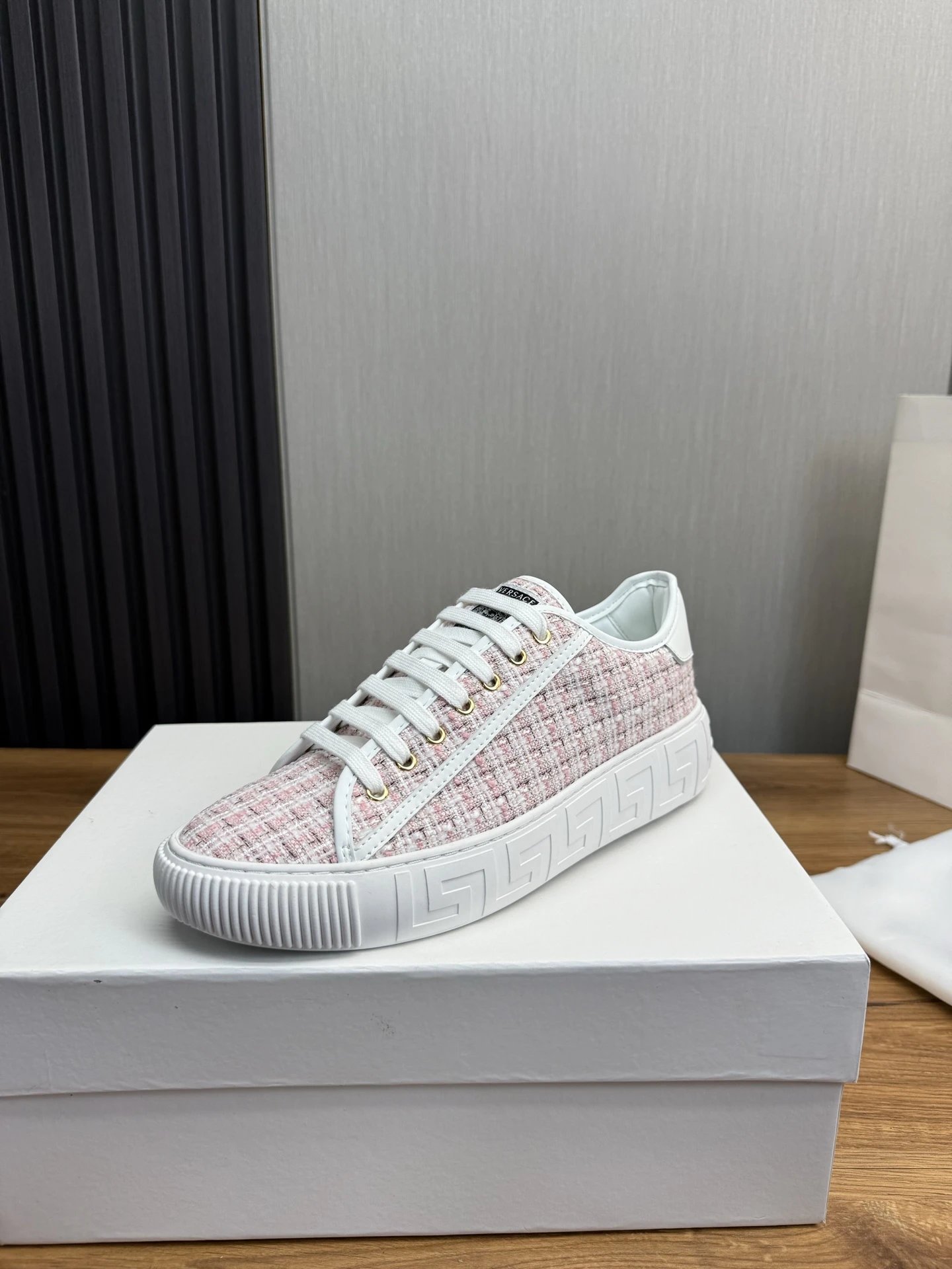 Tweed Leather Low Top Sneakers Blush Pink - Gallery Image 1 - Detailed View
