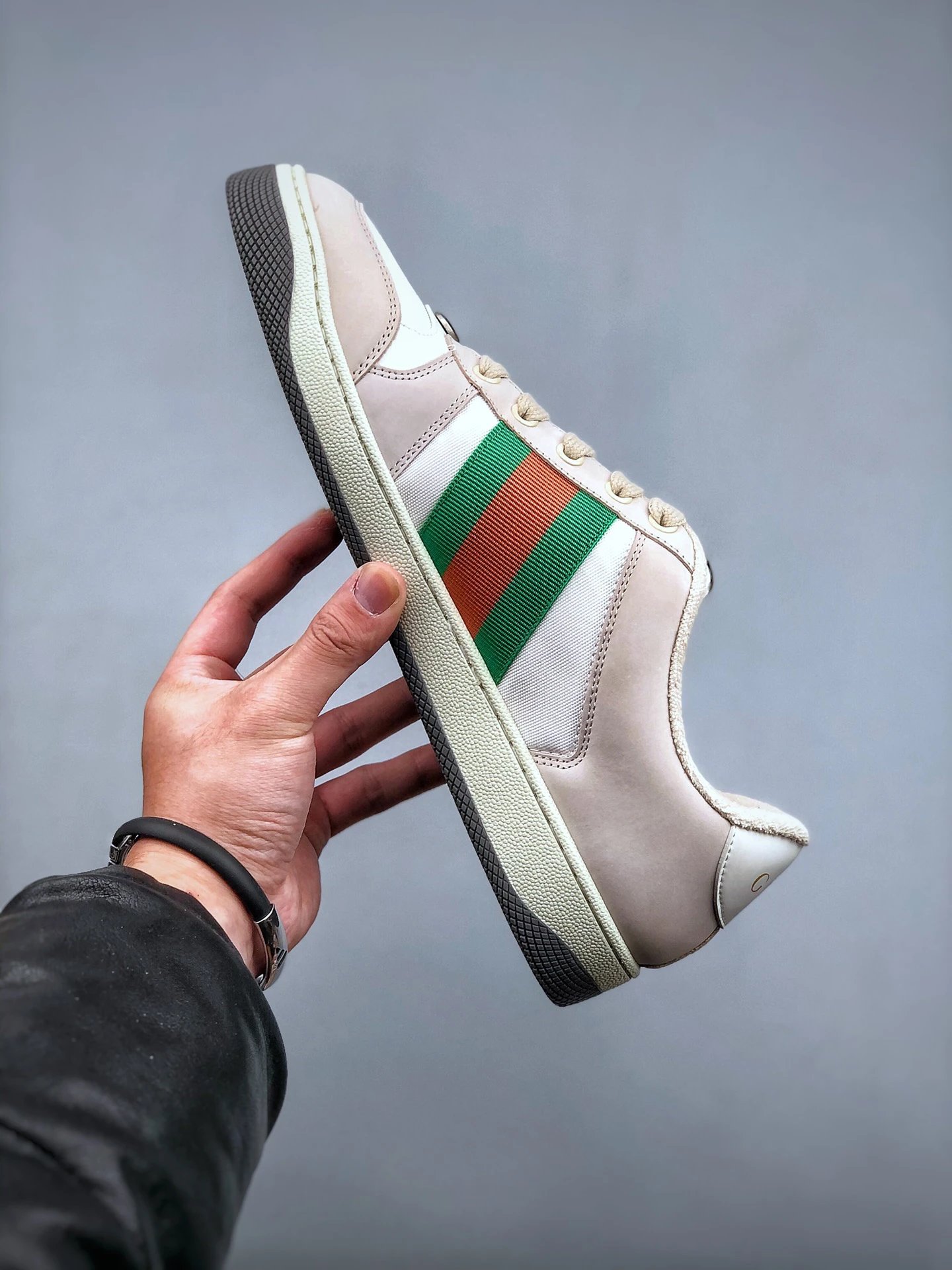 Gucci Distressed Screener Beige Sneakers Green Red - Gallery Image 2 - Detailed View