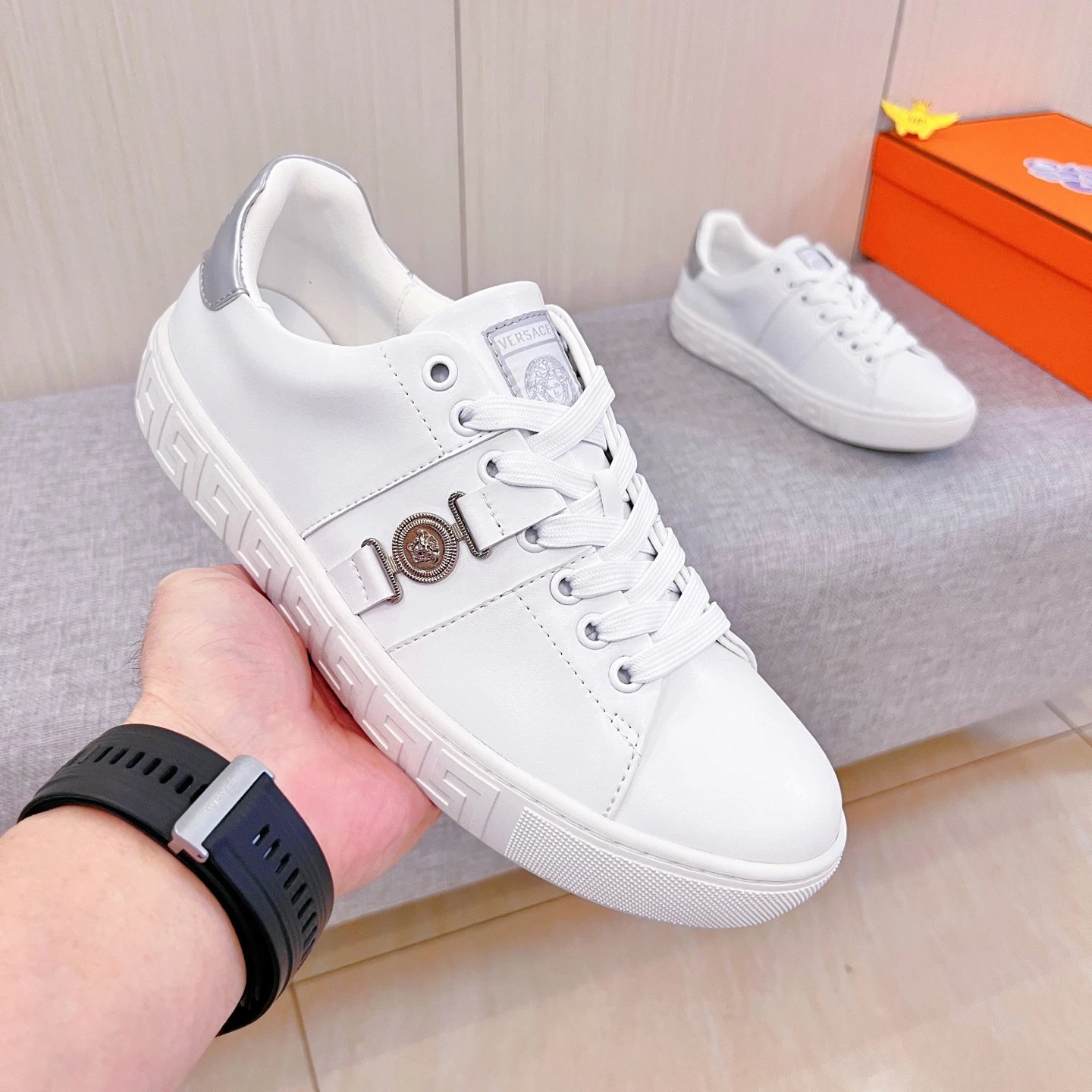Luxury Leather Low Top Sneakers in Pearl White - Gallery Image 4 - Detailed View