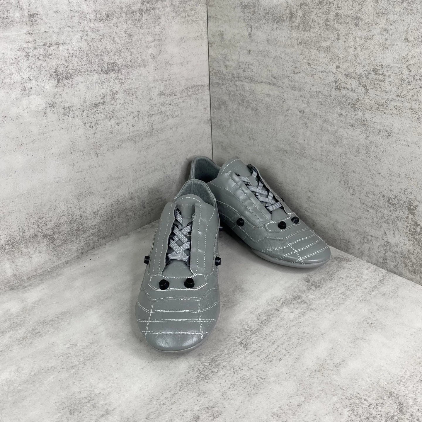 Punk Leather Lace-Up Sneakers with Studs Steel Gray - Gallery Image 2 - Detailed View