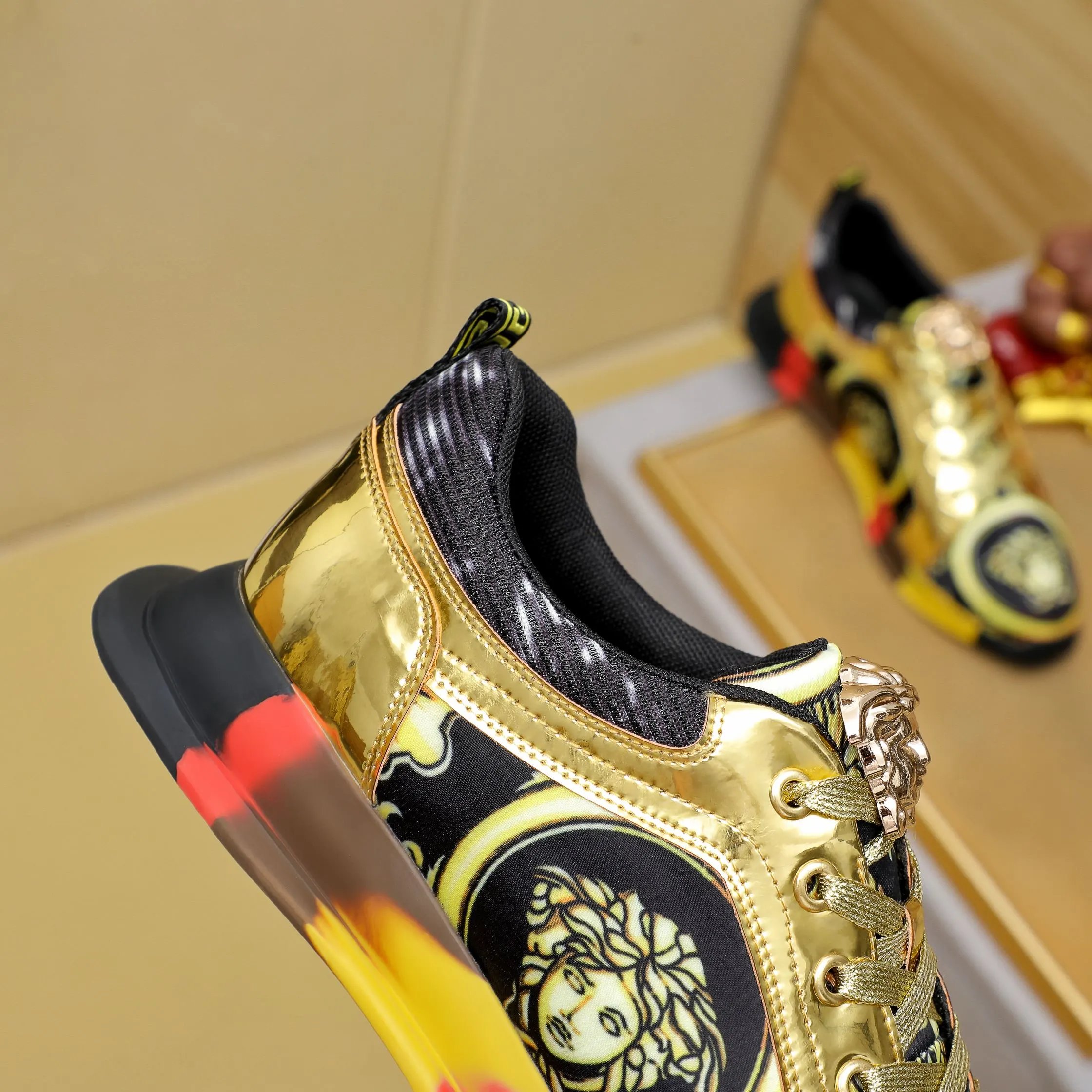 Luxury Mixed Material Sneakers Gold Black - Gallery Image 7 - Detailed View