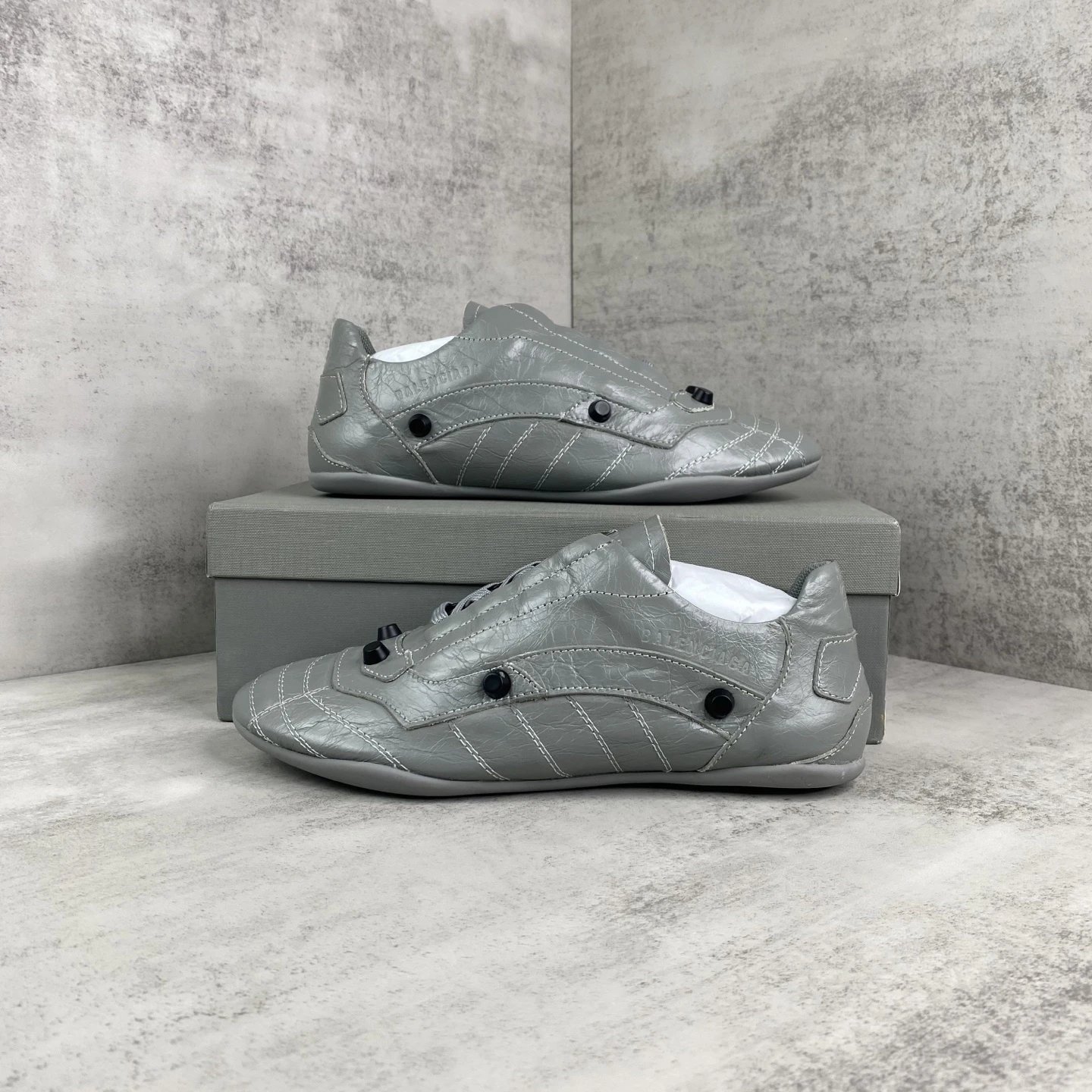 Punk Leather Lace-Up Sneakers with Studs Steel Gray - Gallery Image 9 - Detailed View