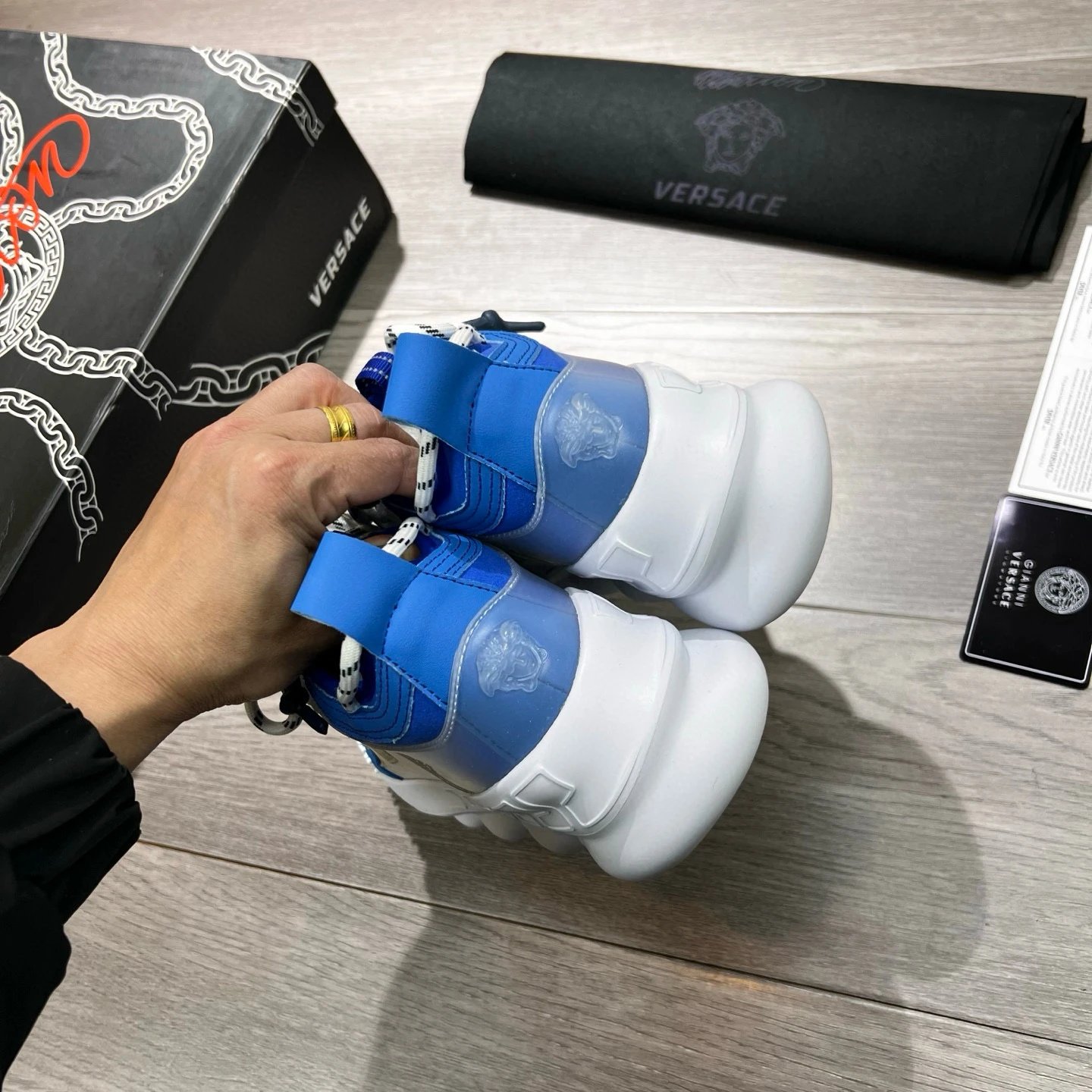 Baroque Print Leather Sneakers with White Sole in Royal Blue - Gallery Image 8 - Detailed View