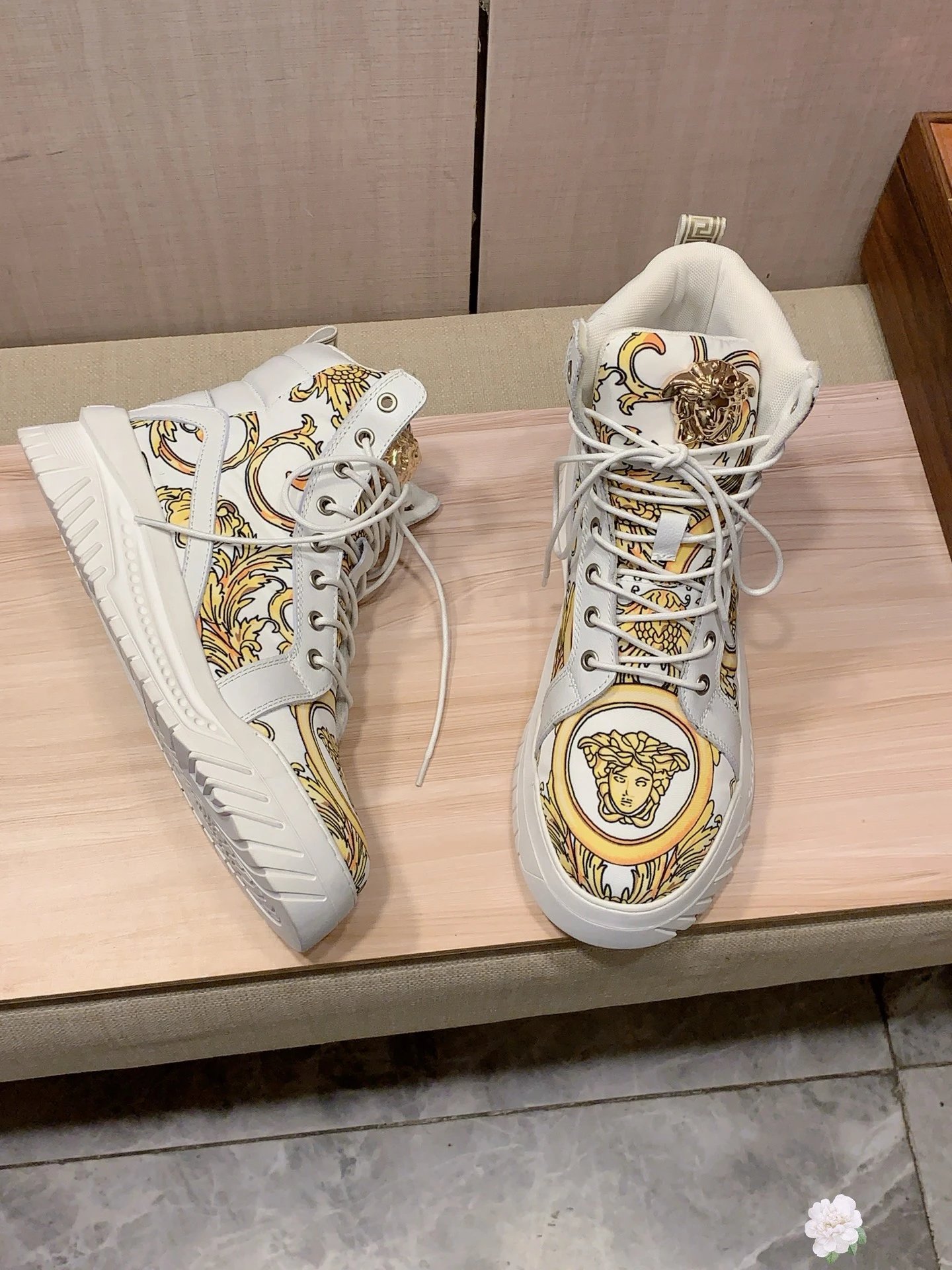 Baroque Leather High Top Sneakers White Gold - Gallery Image 3 - Detailed View