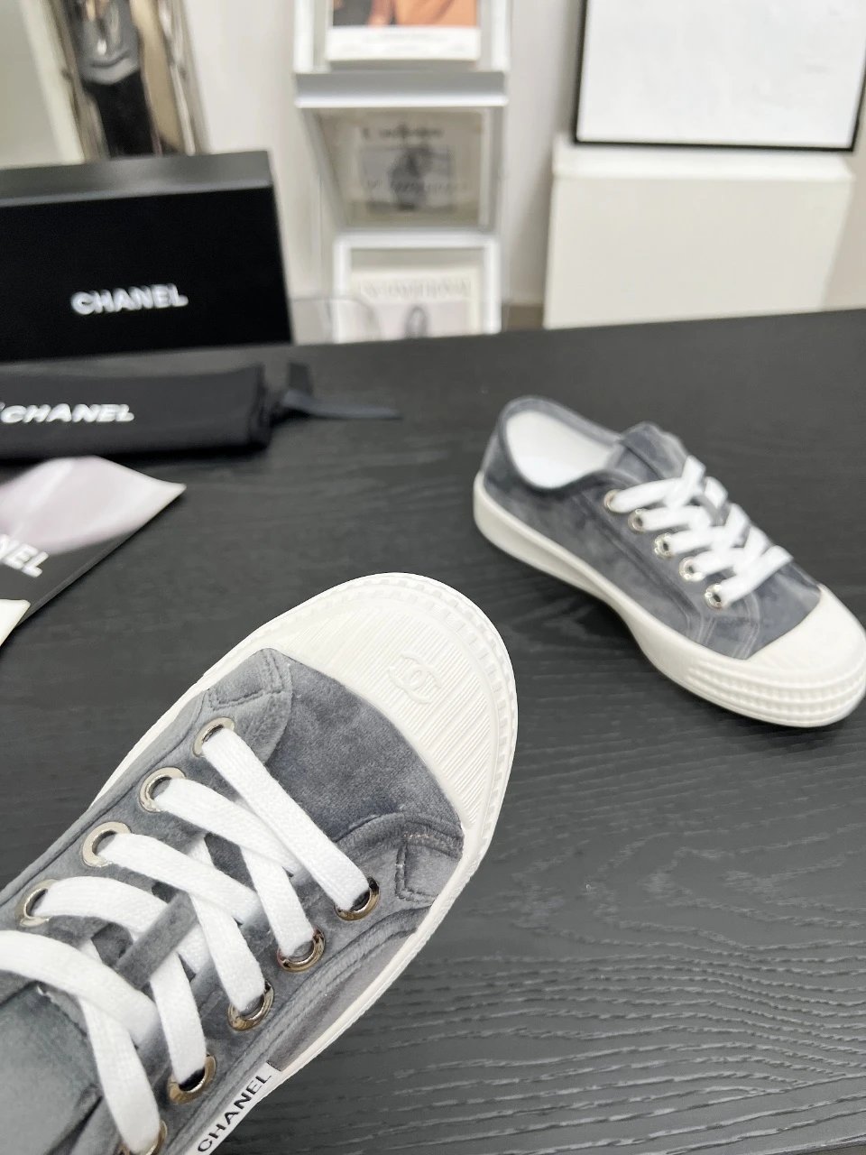 Chanel Vintage Velvet Sneakers Grey - Gallery Image 8 - Detailed View