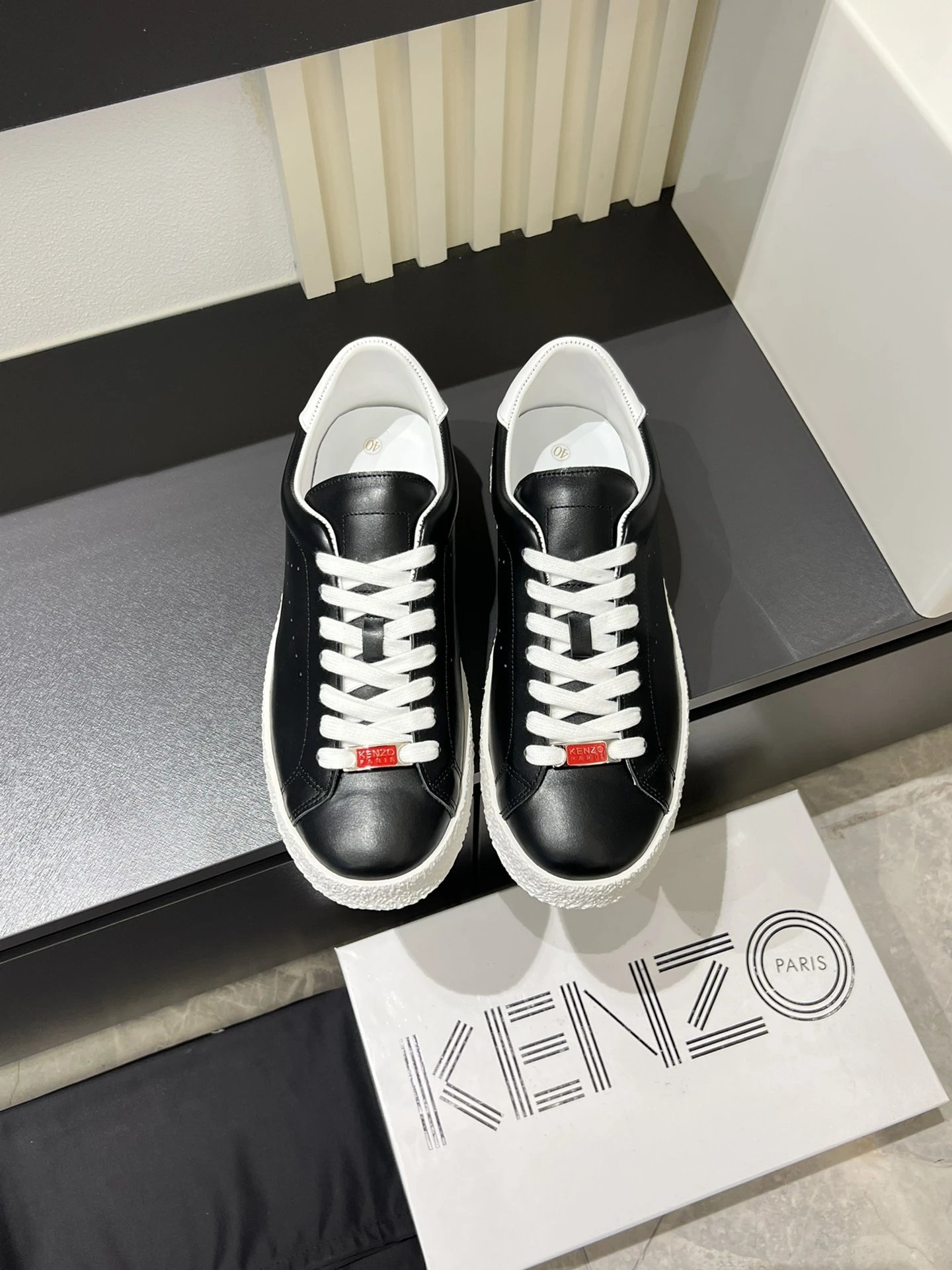 Kenzo Black Leather Sneakers White Accent - Gallery Image 3 - Detailed View