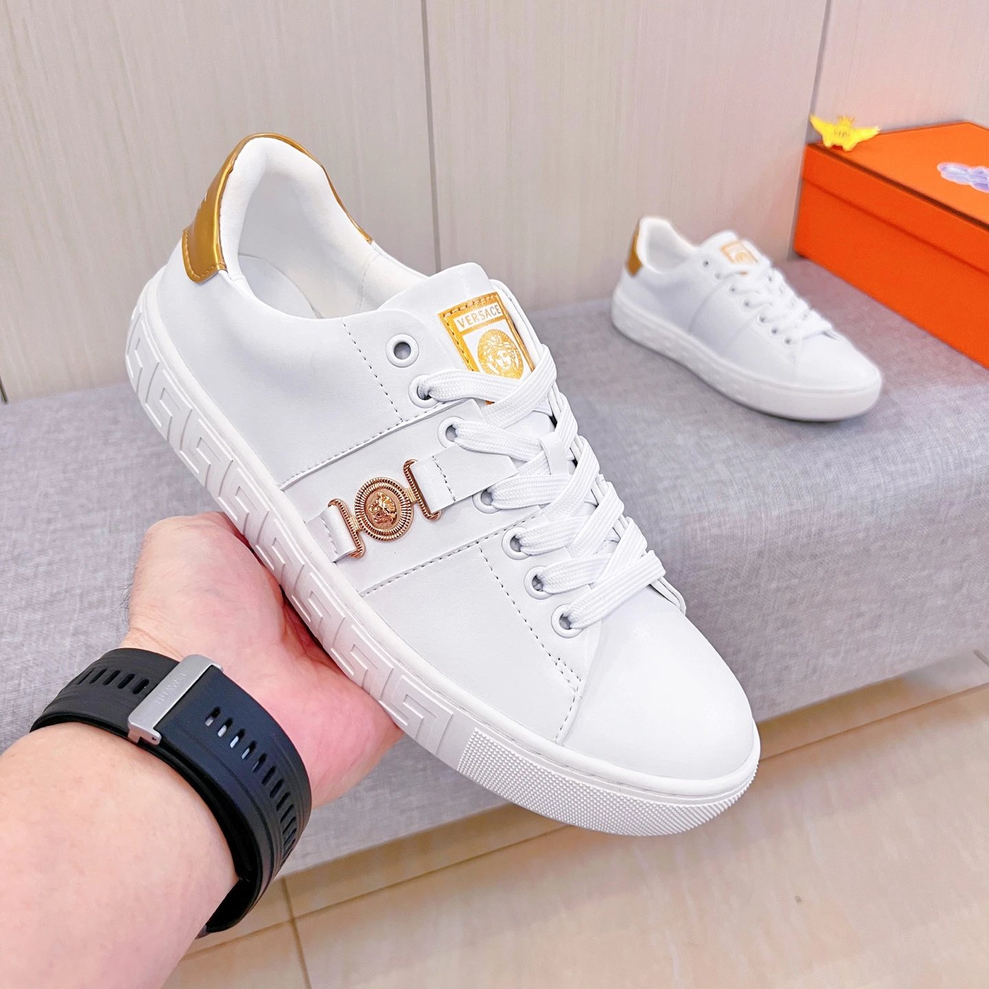 Luxury Leather Sneakers Gold White - Gallery Image 4 - Detailed View
