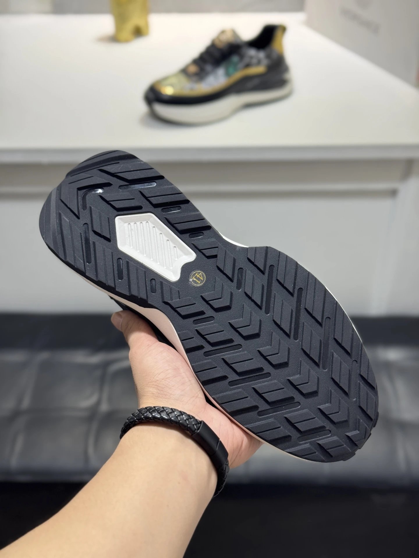 Luxury Leather Medusa Sneakers Black Gold - Gallery Image 7 - Detailed View