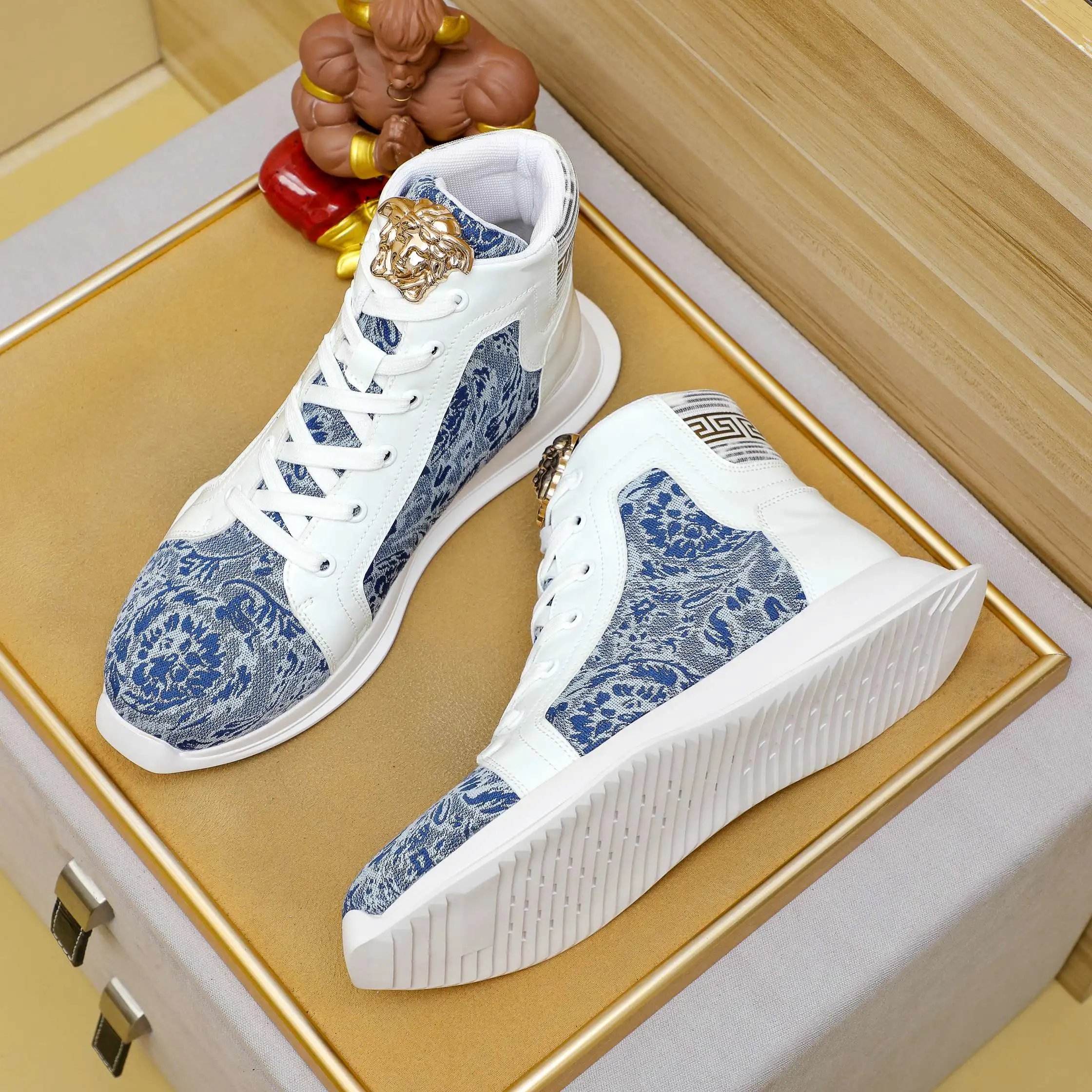 Baroque Leather High Top Sneakers Ivory Blue - Gallery Image 4 - Detailed View