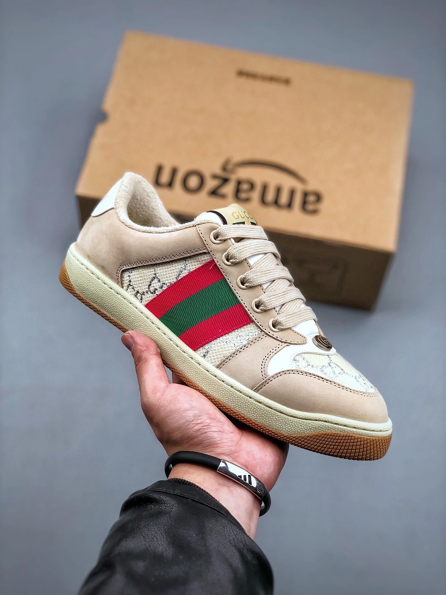 Gucci Distressed Screener Beige Sneakers Red Green - Gallery Image 1 - Detailed View