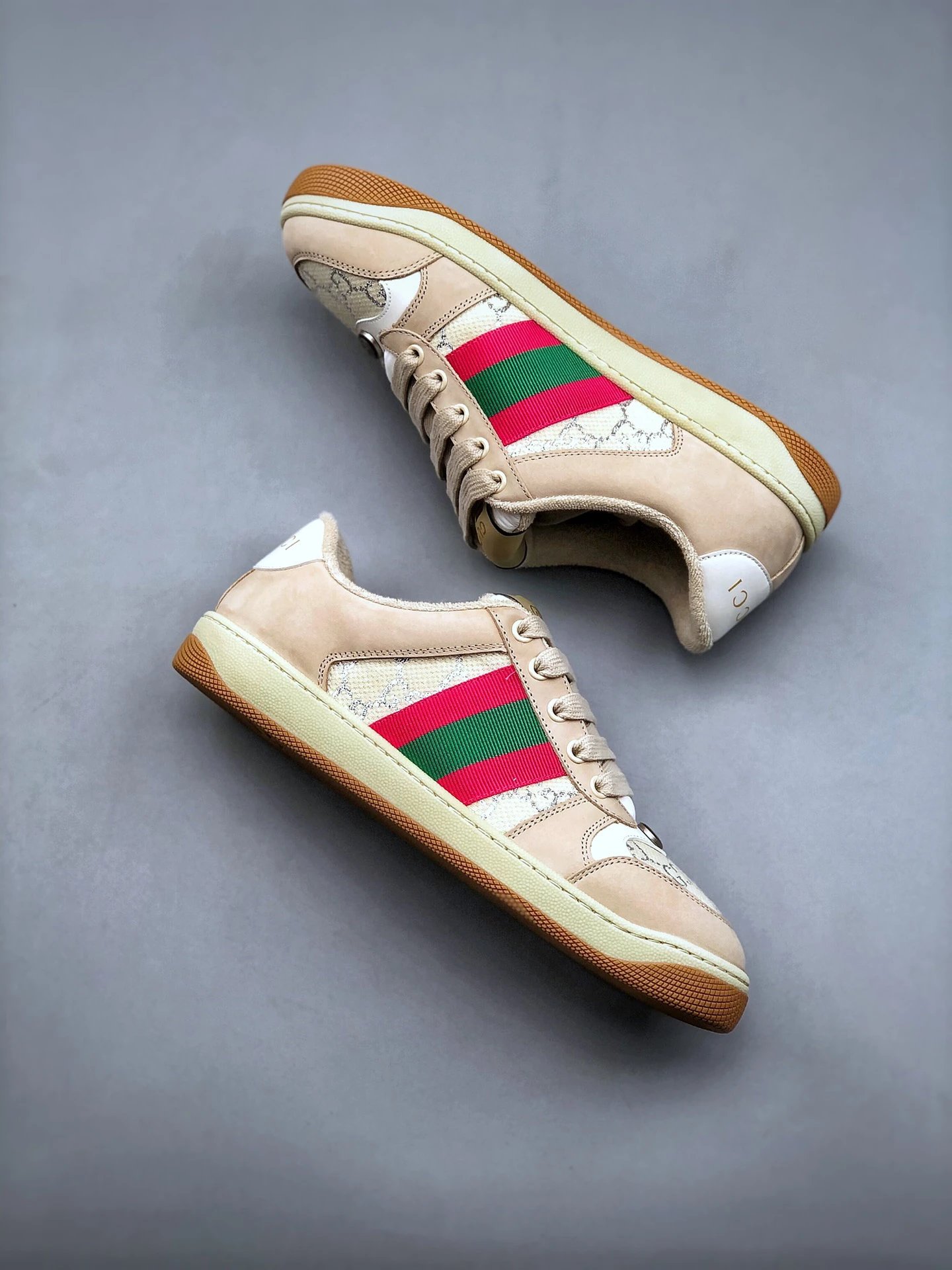 Gucci Distressed Screener Beige Sneakers Red Green - Gallery Image 9 - Detailed View