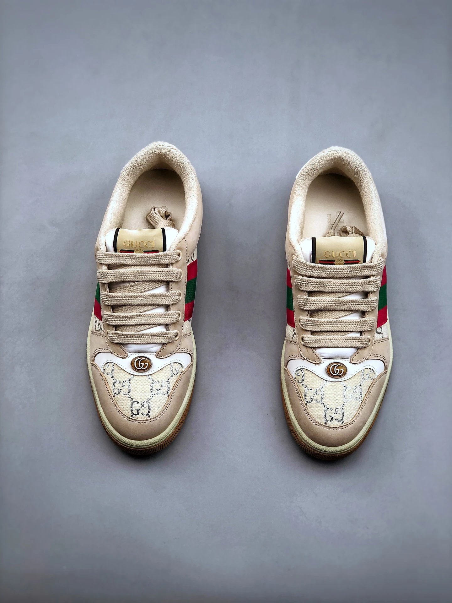Gucci Distressed Screener Beige Sneakers Red Green - Gallery Image 5 - Detailed View