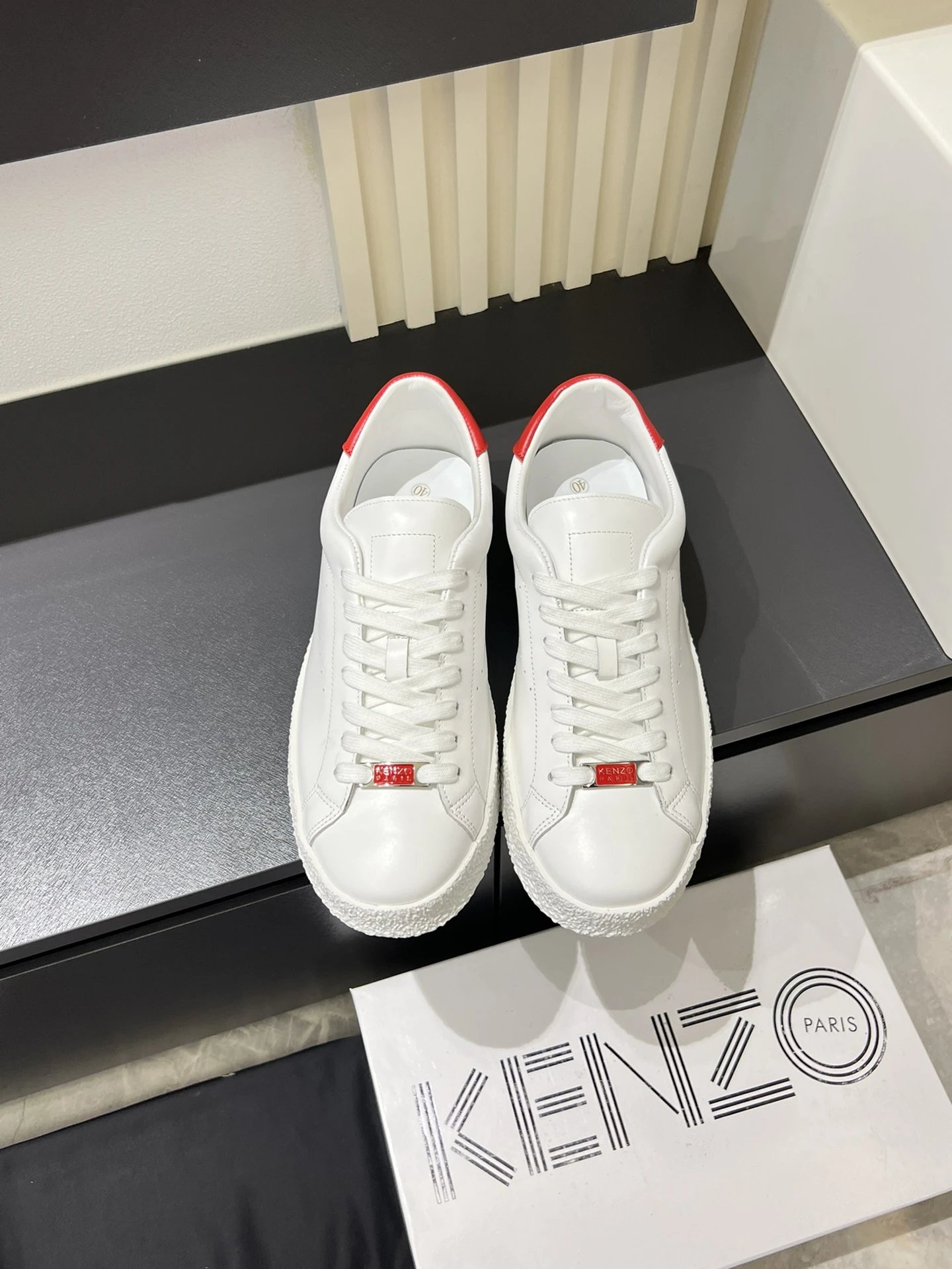 Kenzo White Leather Sneakers Red Accent - Gallery Image 3 - Detailed View