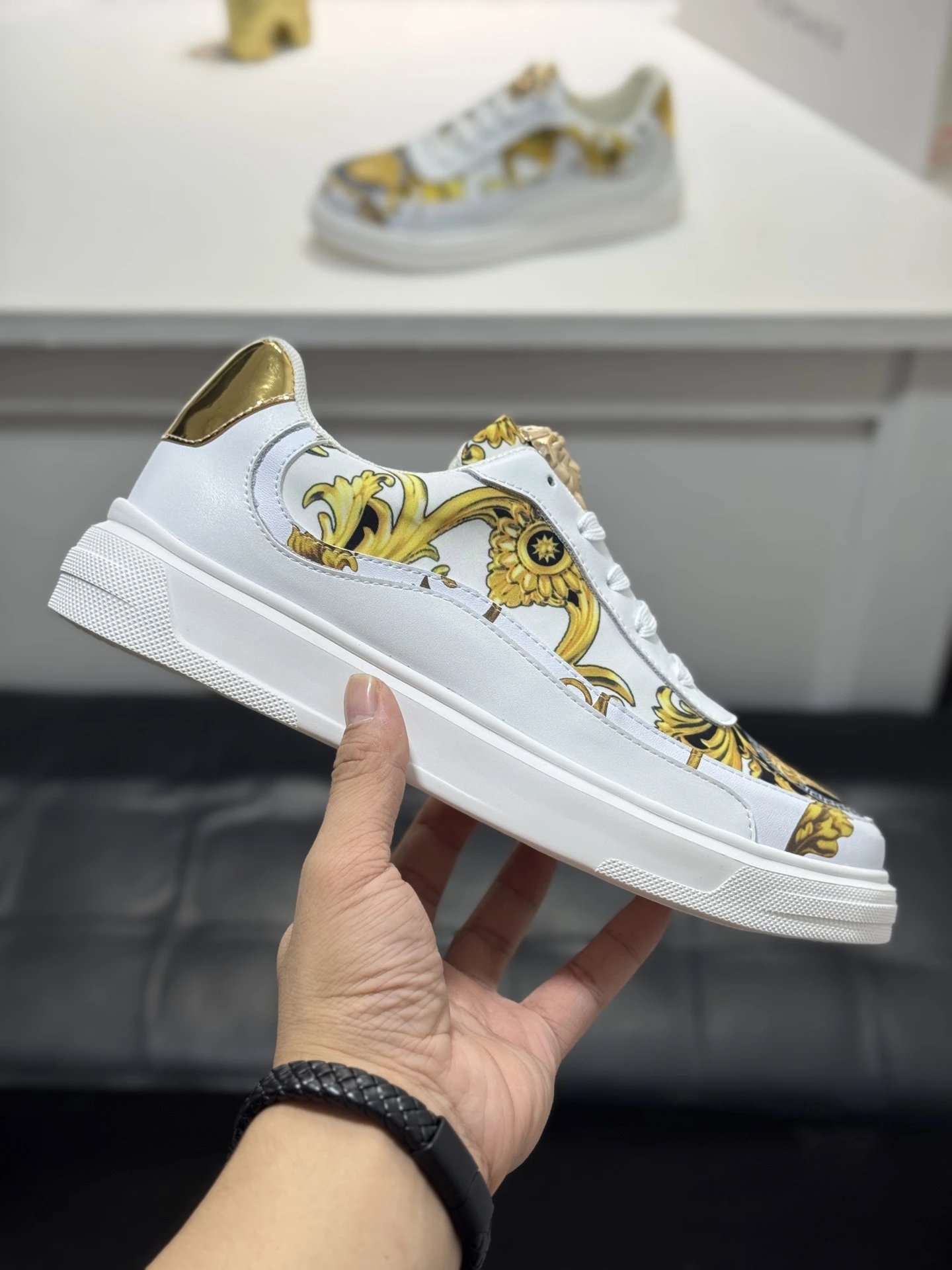 Baroque Leather Men's Sneakers White Gold - Gallery Image 4 - Detailed View