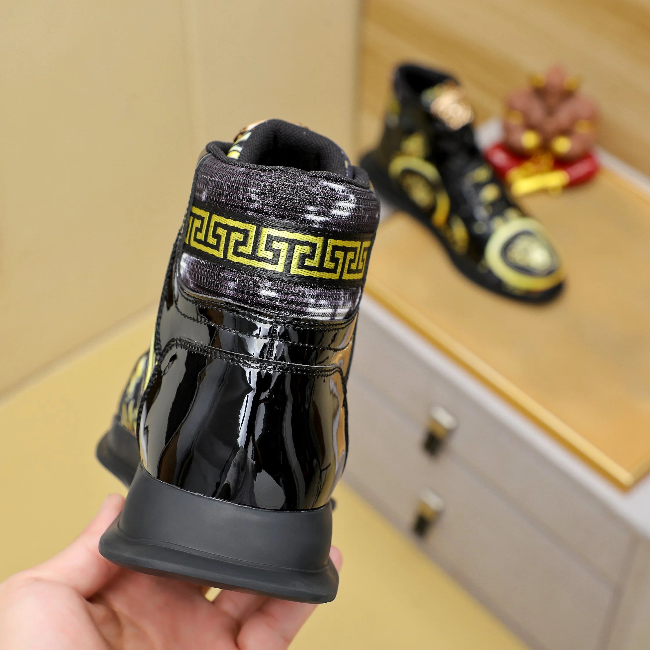 Luxury High Top Leather Sneakers Baroque Black Gold - Gallery Image 8 - Detailed View