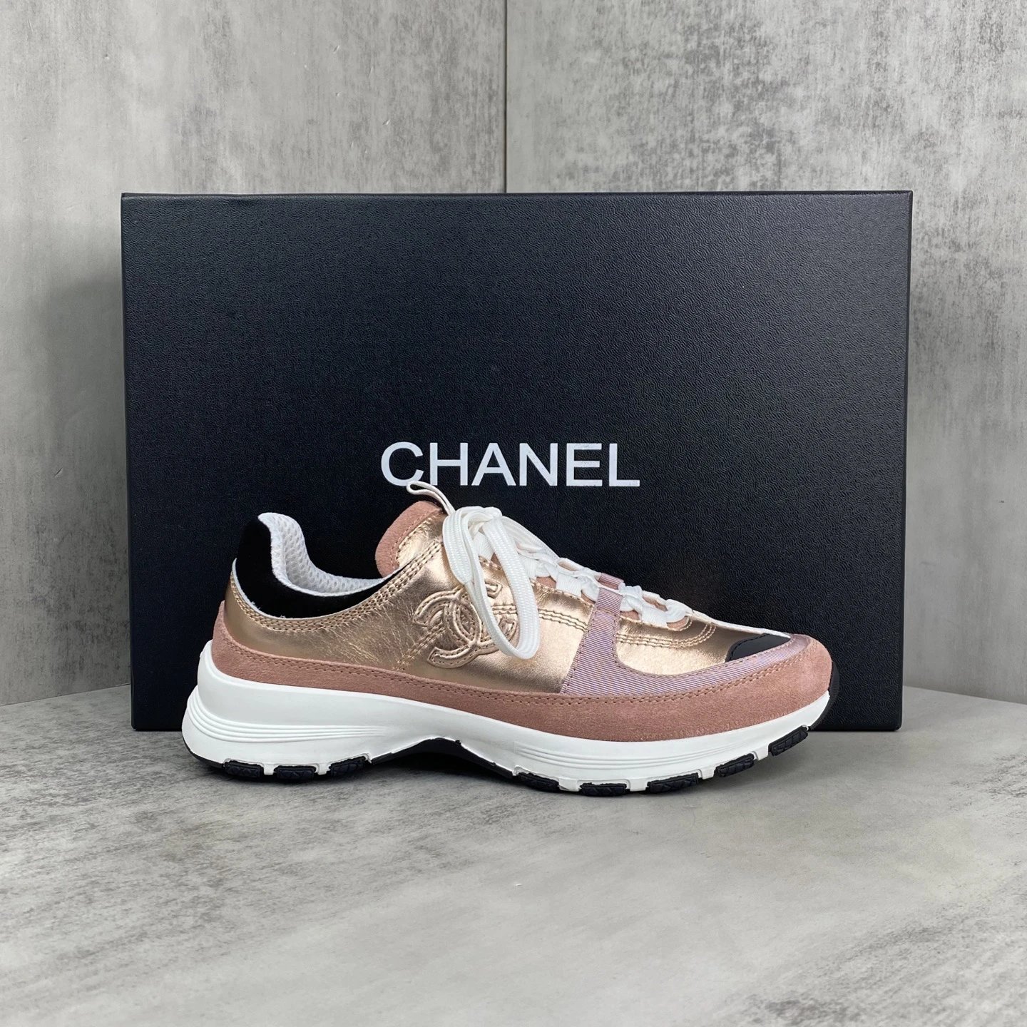 Luxury Leather Mesh Trainers with Metallic Rose Gold - Gallery Image 1 - Detailed View