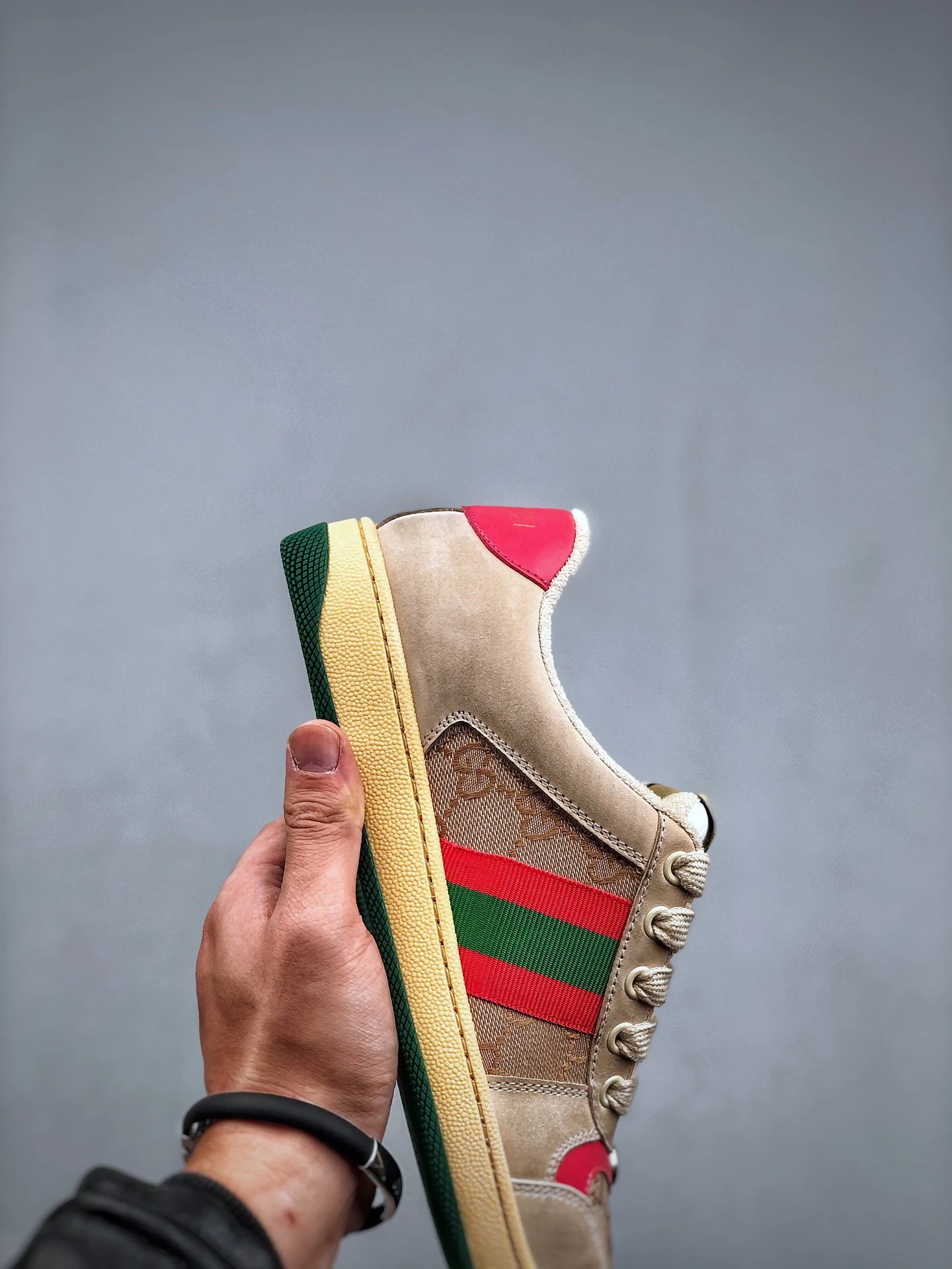 Gucci Distressed Screener Beige Pink Sneakers Red Green - Gallery Image 6 - Detailed View