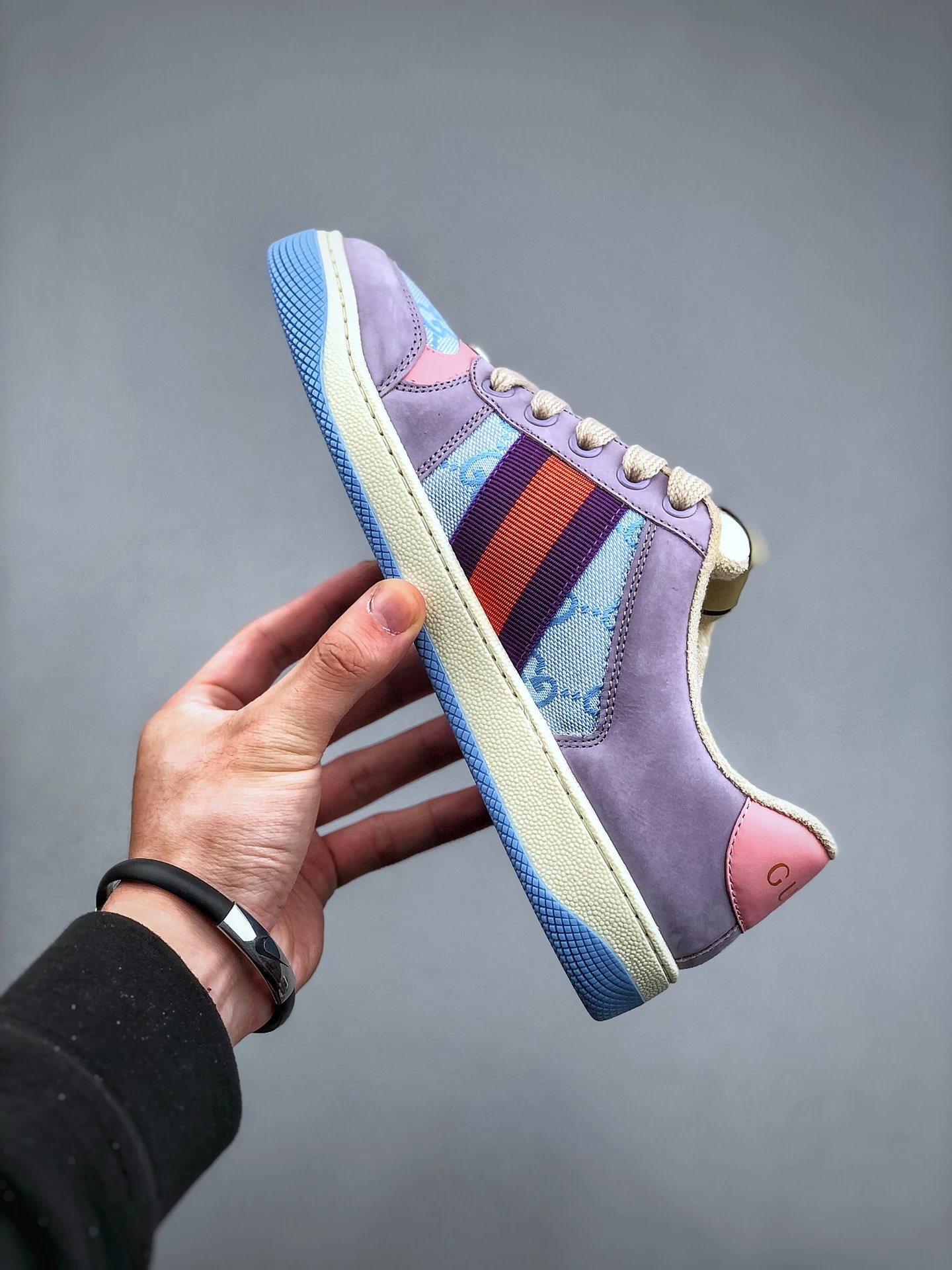 Gucci Distressed Screener Purple Pink Sneaker Blue Red - Gallery Image 2 - Detailed View