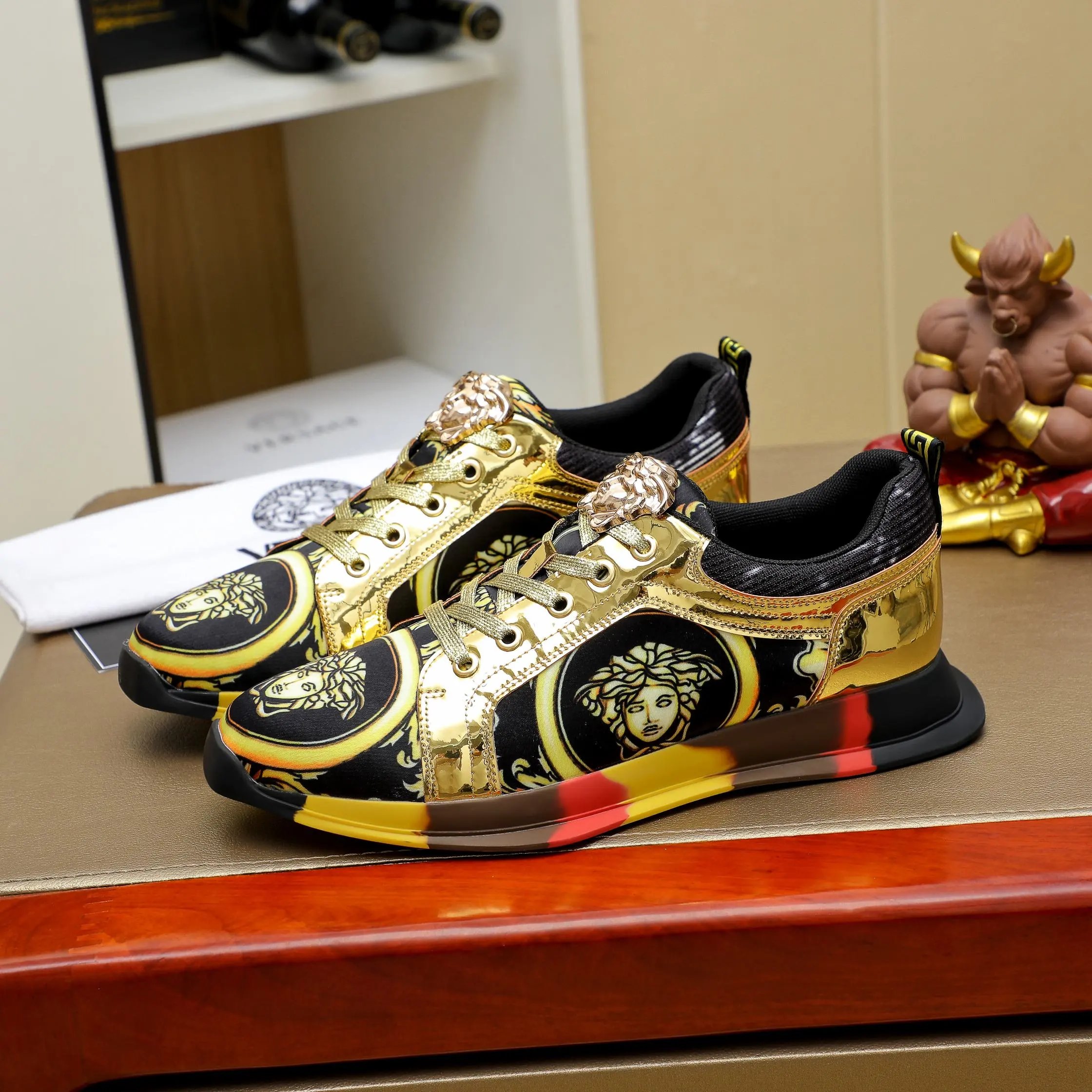 Luxury Mixed Material Sneakers Gold Black - Gallery Image 3 - Detailed View