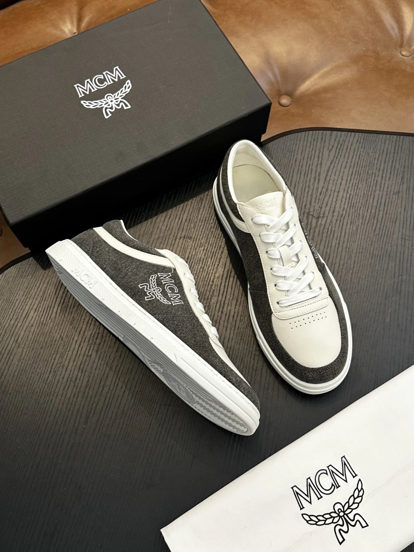 MCM Skystream Cubic Monogram Jacquard Sneaker White Grey - Gallery Image 4 - Detailed View