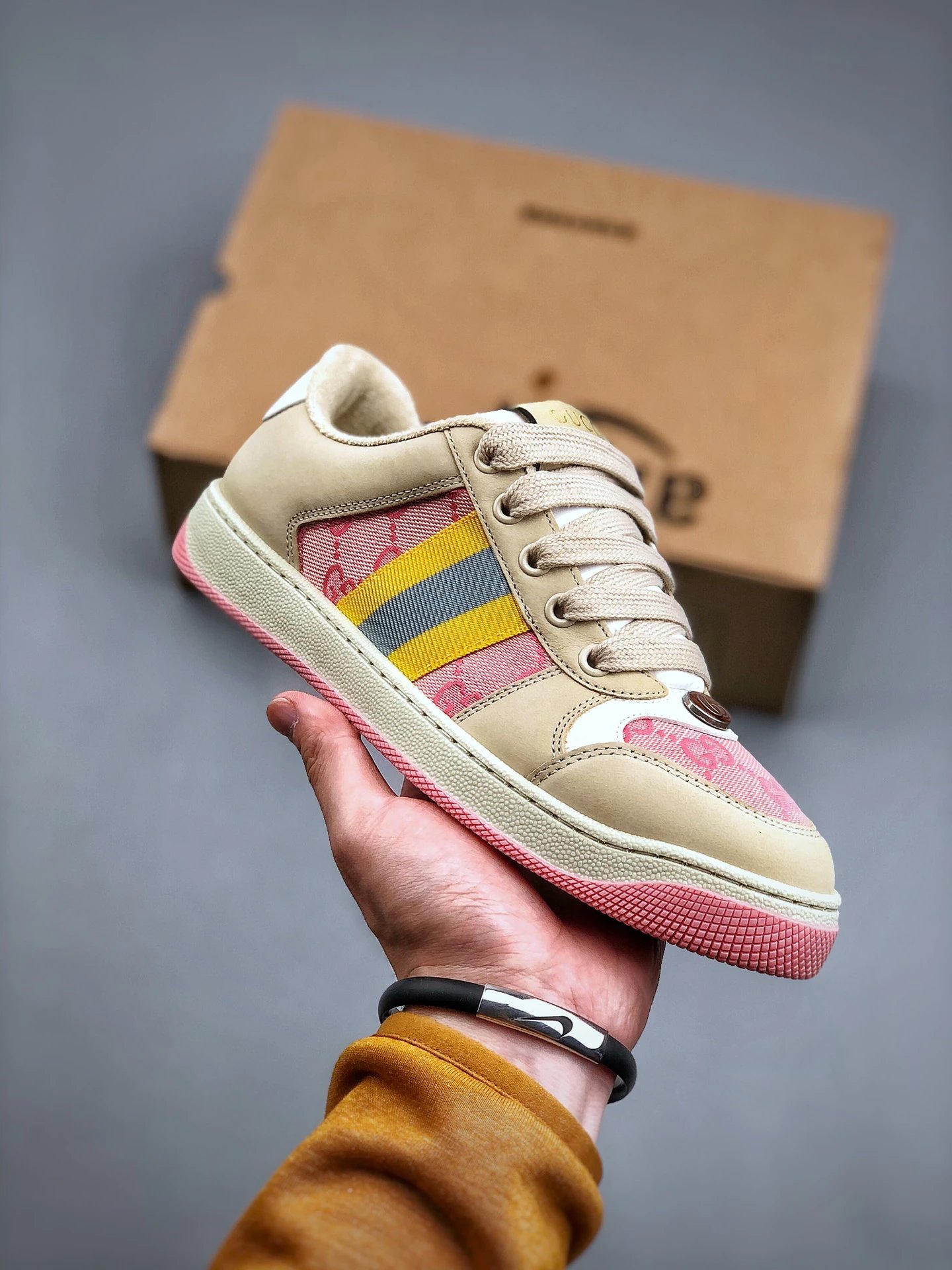 Gucci Distressed Screener Beige Sneakers Yellow - Gucci - Cnfans - $49.68