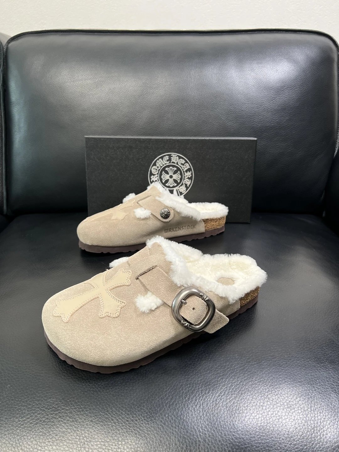 Suede Shearling Buckle Mules Beige - Gallery Image 2 - Detailed View