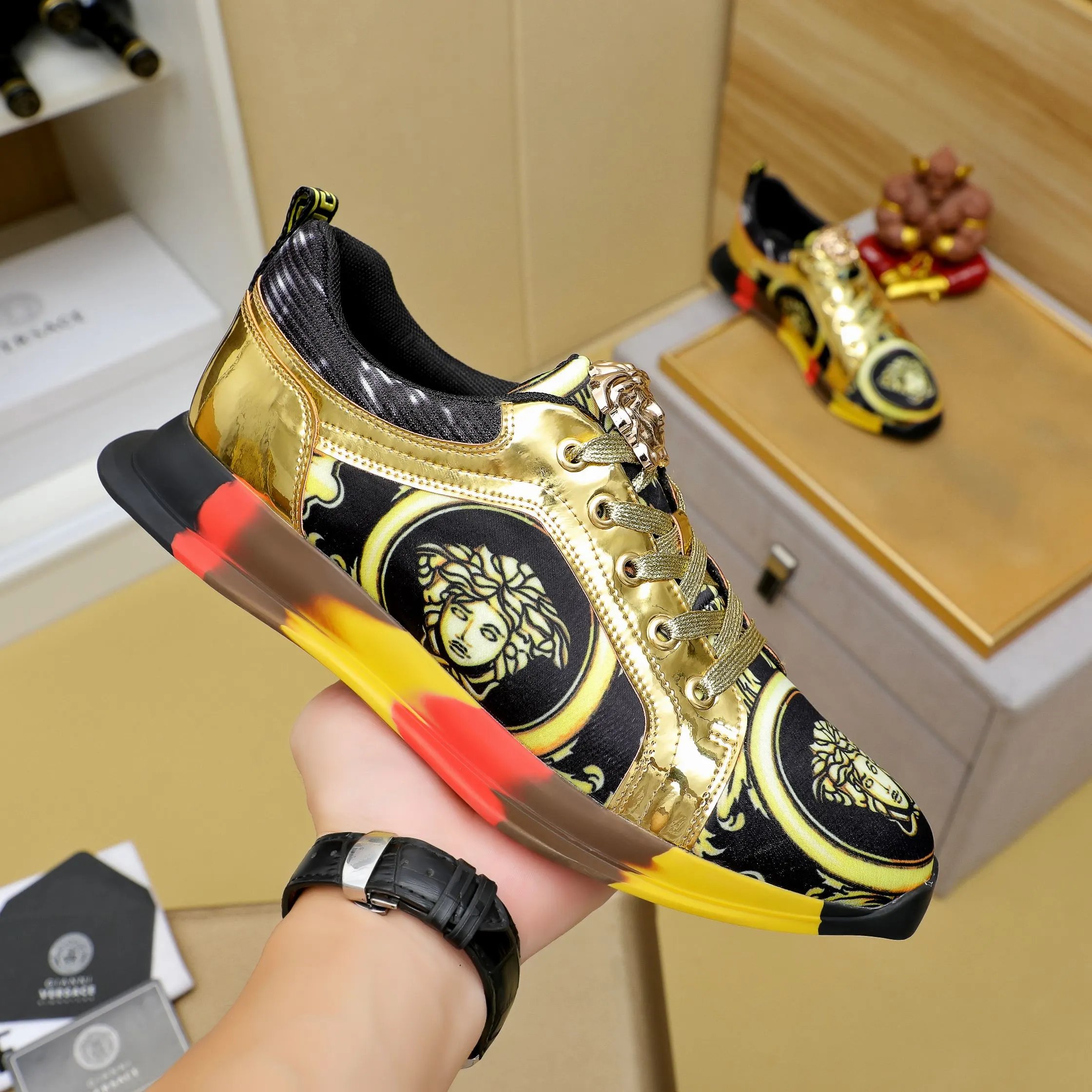 Luxury Mixed Material Sneakers Gold Black - Gallery Image 4 - Detailed View