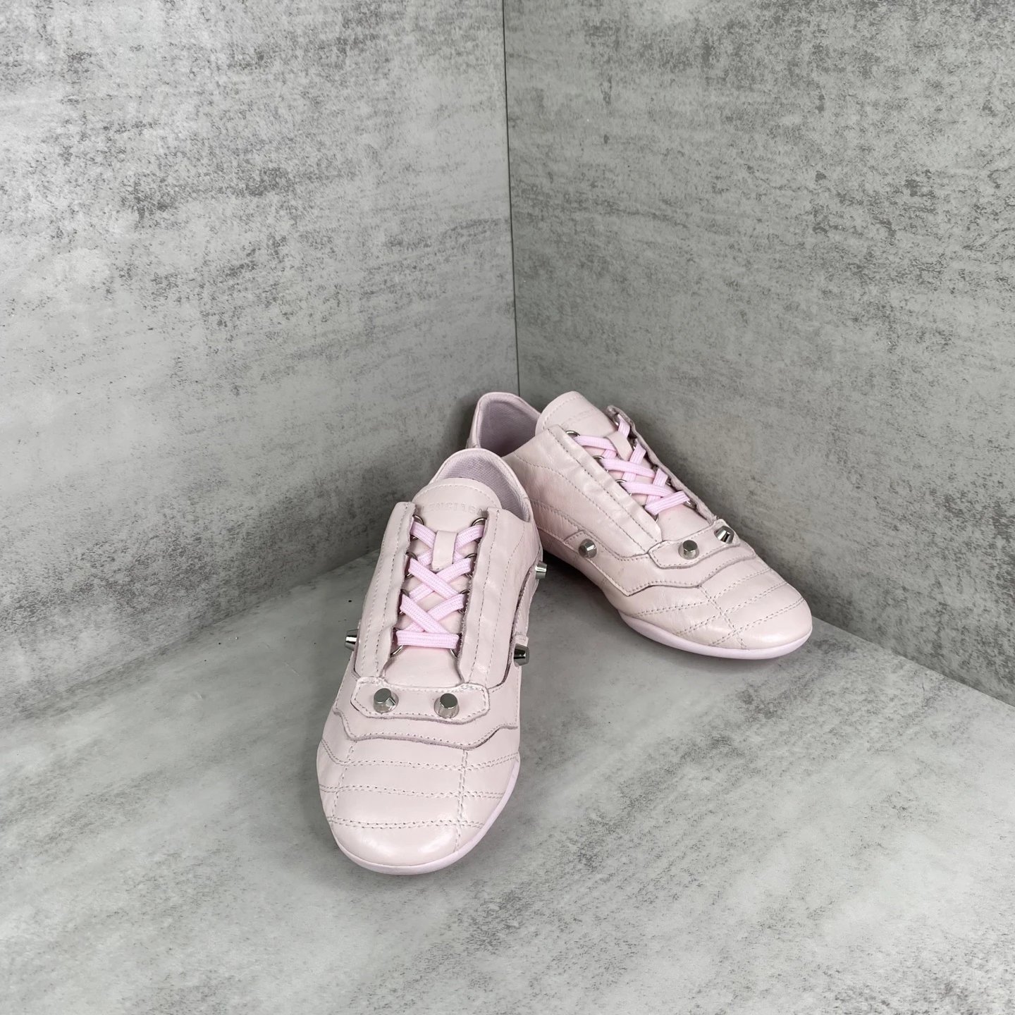 Punk Leather Lace Up Flat Shoes with Metal Studs Blush Pink - Gallery Image 2 - Detailed View