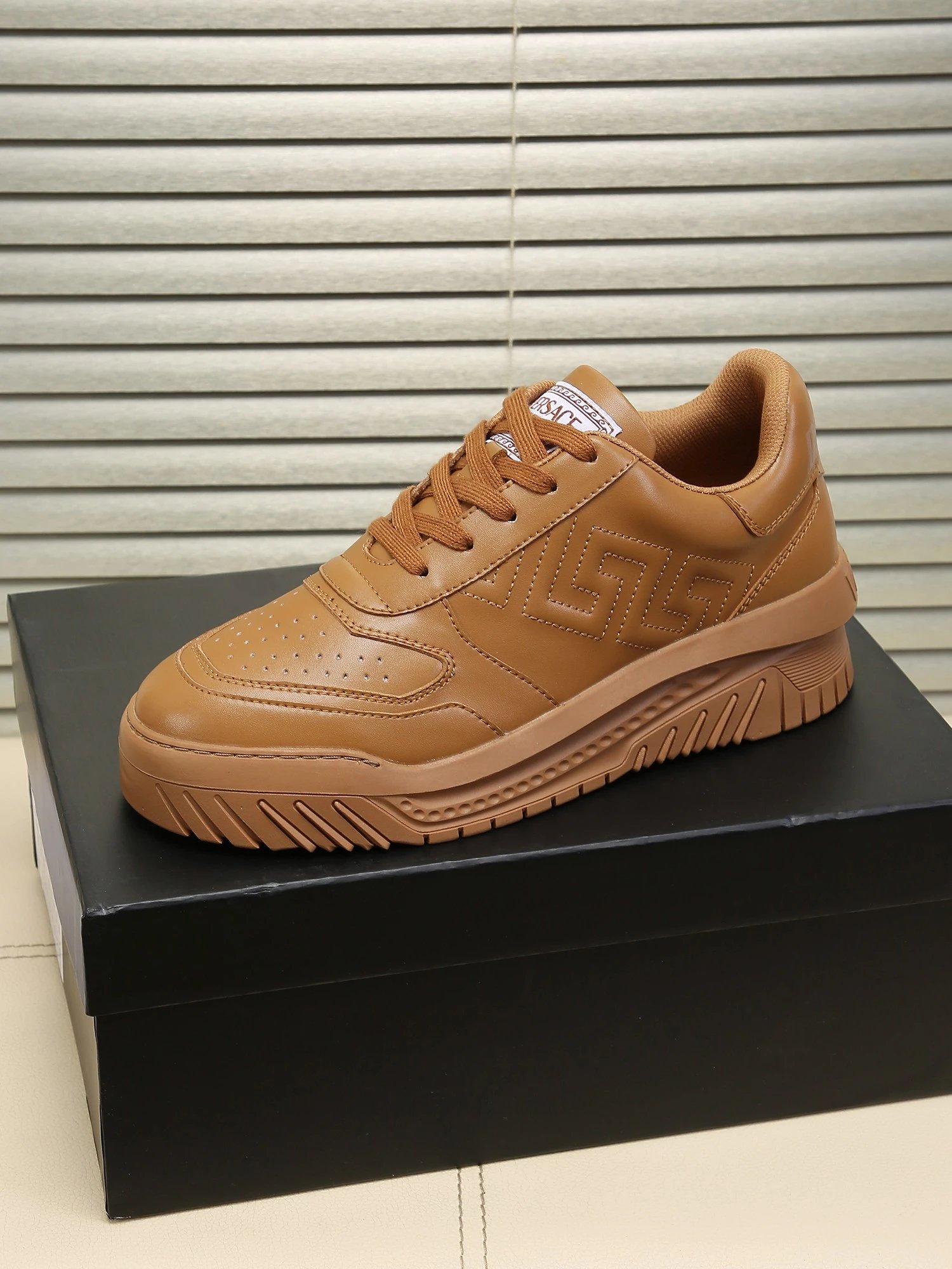 Luxury Leather Labyrinth Sneakers Caramel Brown - Gallery Image 6 - Detailed View