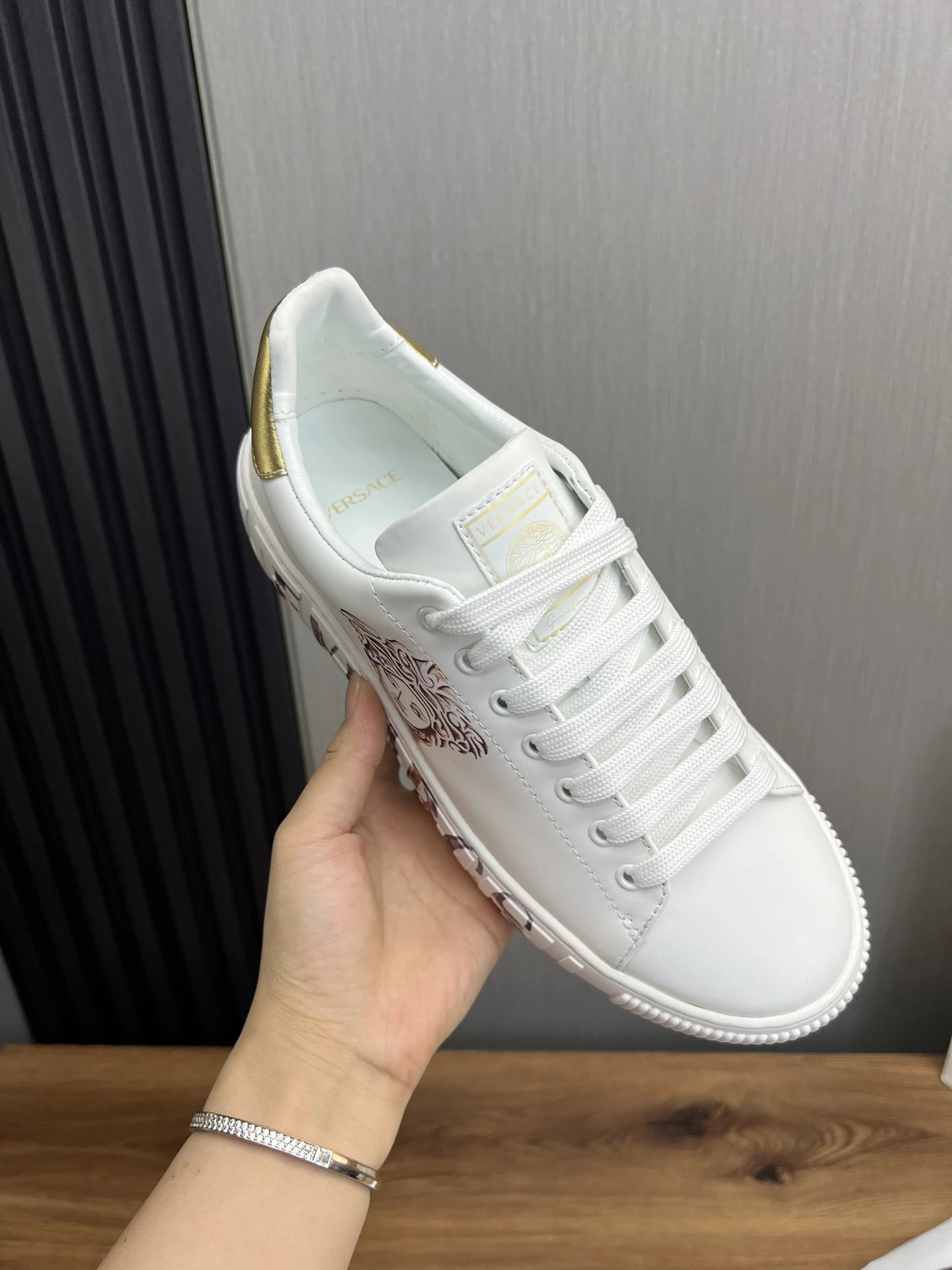 Luxury Leather Couple Sneakers Ivory Gold - Gallery Image 8 - Detailed View