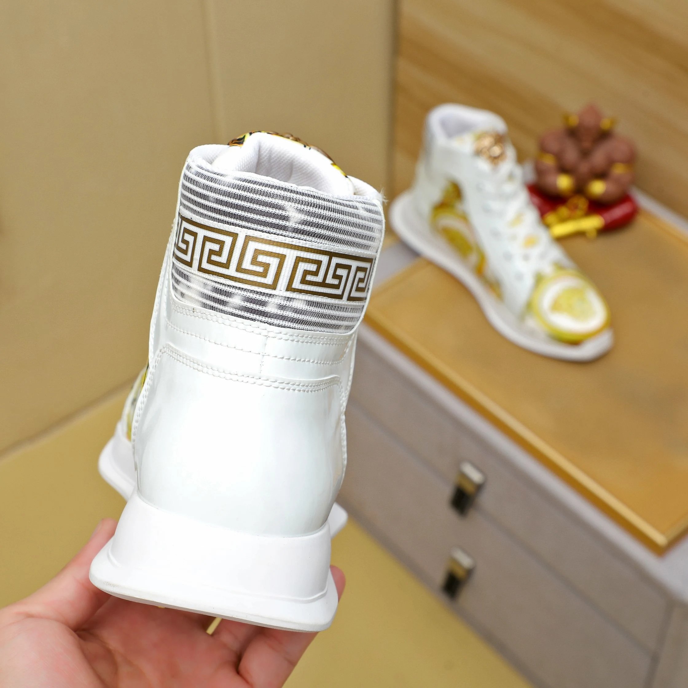 Baroque High Top Leather Sneakers White Gold - Gallery Image 8 - Detailed View