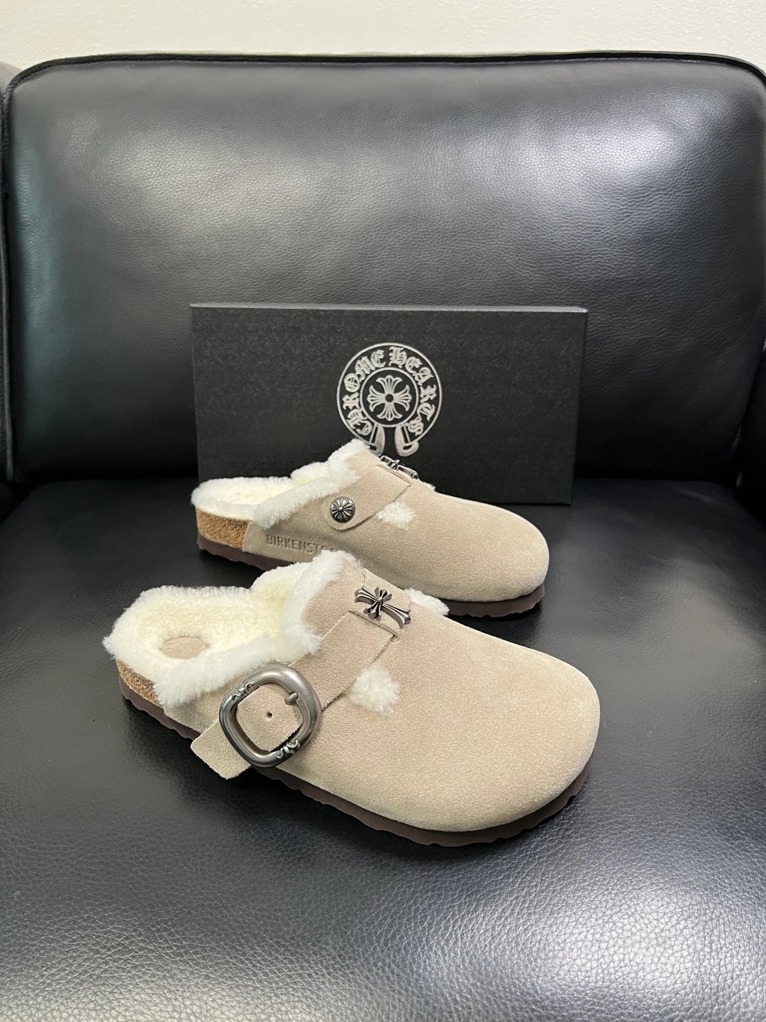 Luxury Suede Shearling Clog Taupe - Gallery Image 1 - Detailed View