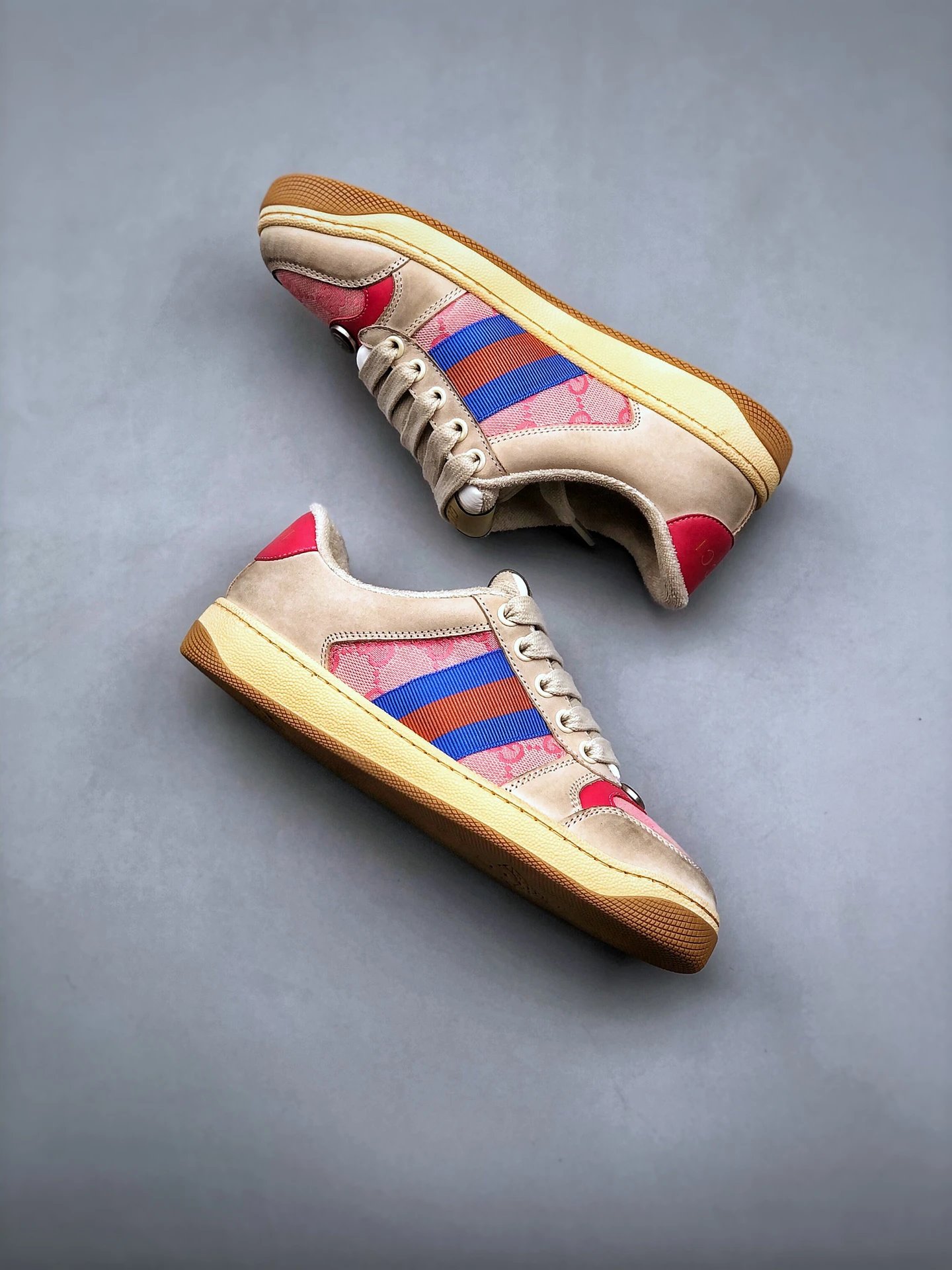 Gucci Distressed Screener Beige Pink Sneakers Blue Red - Gallery Image 9 - Detailed View