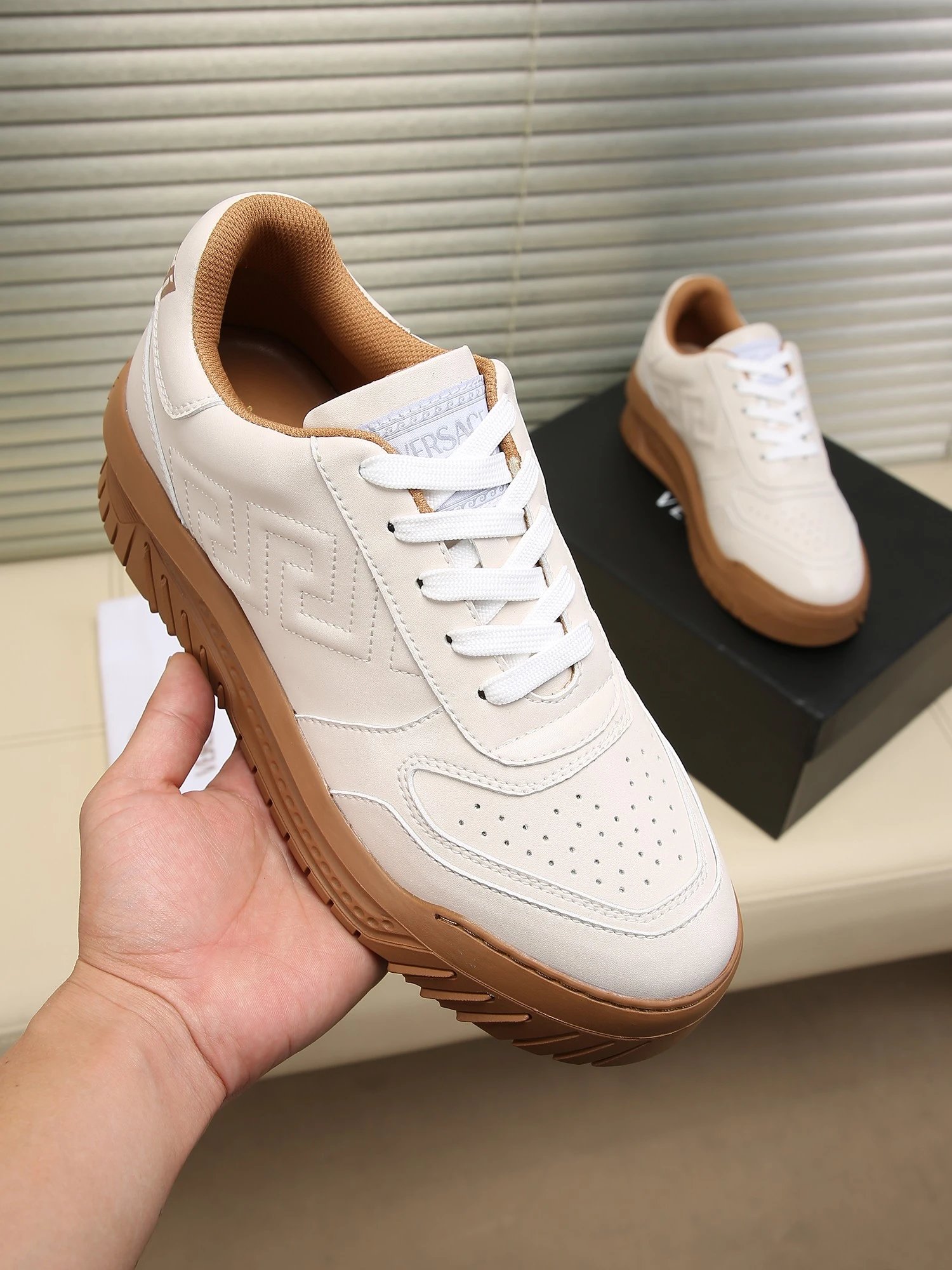 Grace Labyrinth Leather Sneakers Almond Brown - Gallery Image 1 - Detailed View