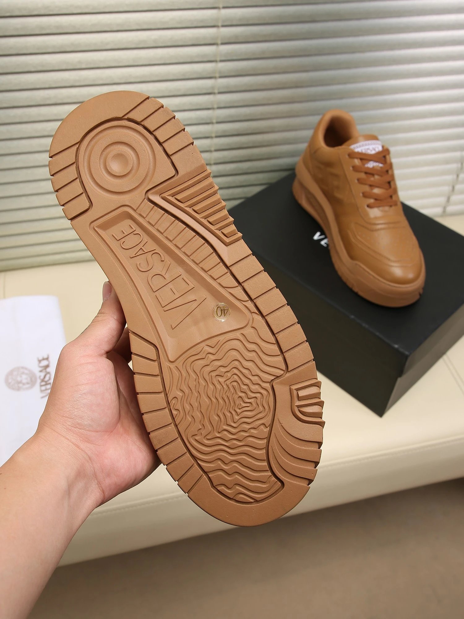 Luxury Leather Labyrinth Sneakers Caramel Brown - Gallery Image 9 - Detailed View