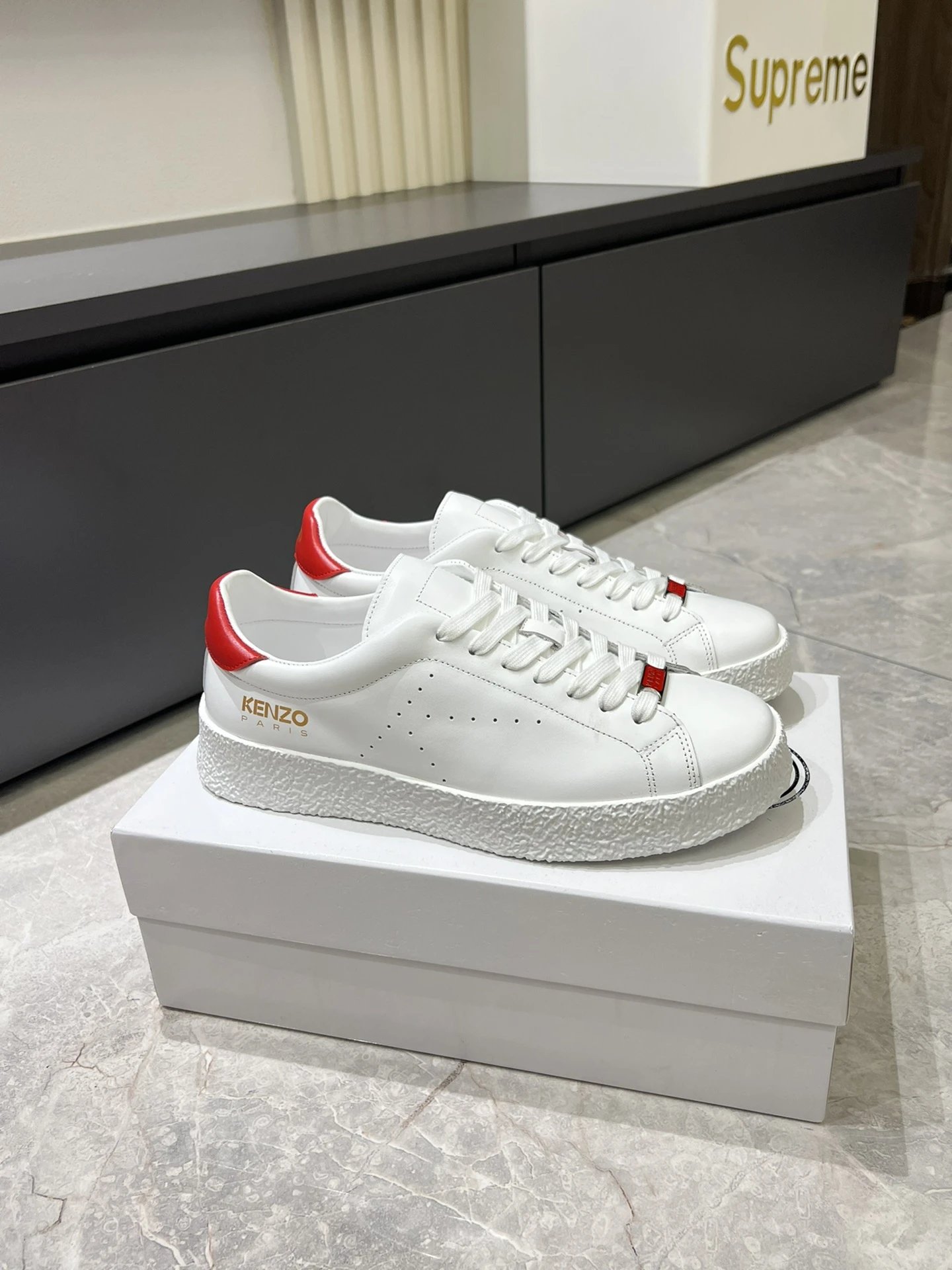Kenzo White Leather Sneakers Red Accent - High Quality Product Image - Cnfans