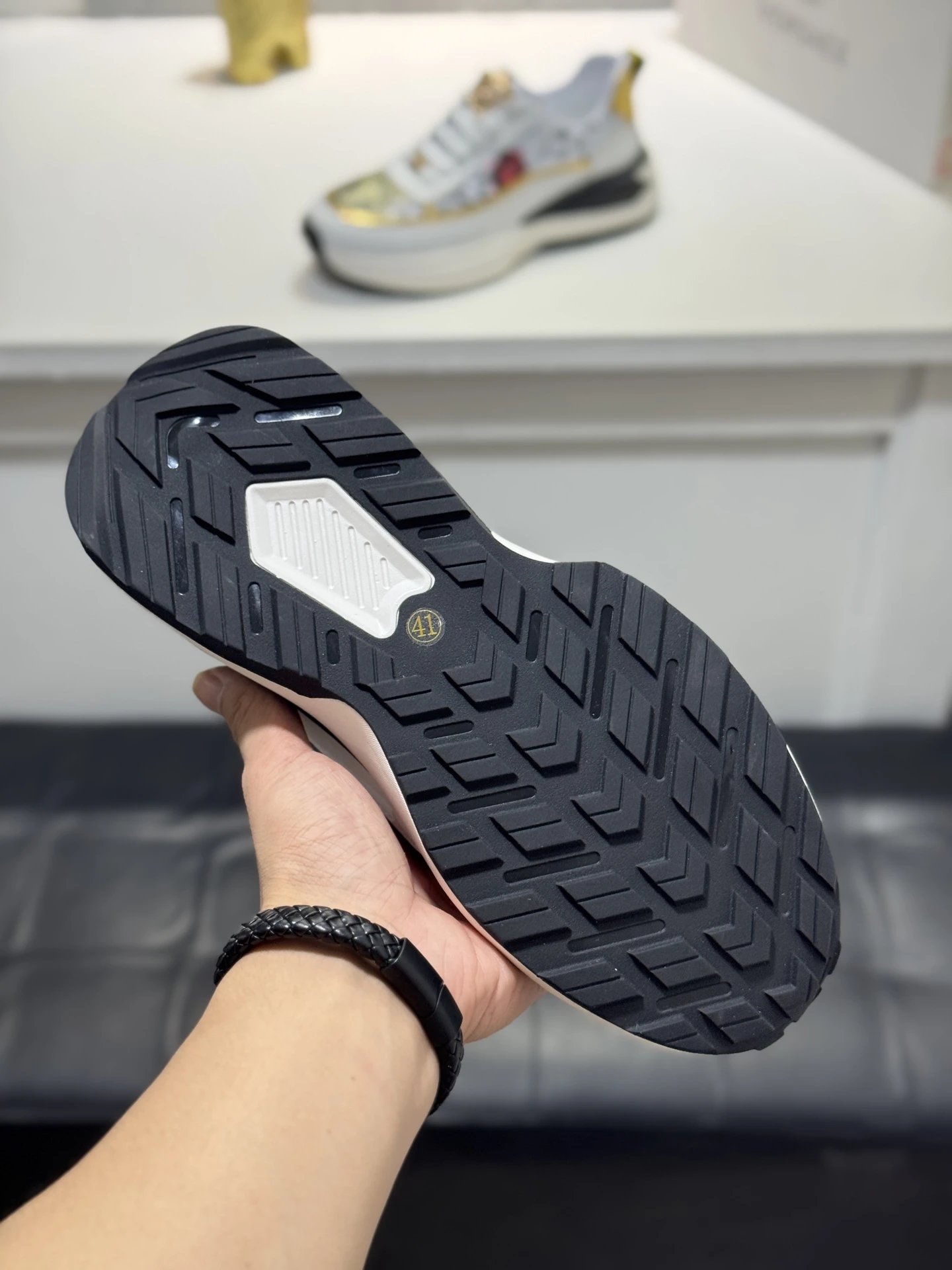 Luxury Leather Medusa Sneakers with Floral Accents White Gold - Gallery Image 7 - Detailed View